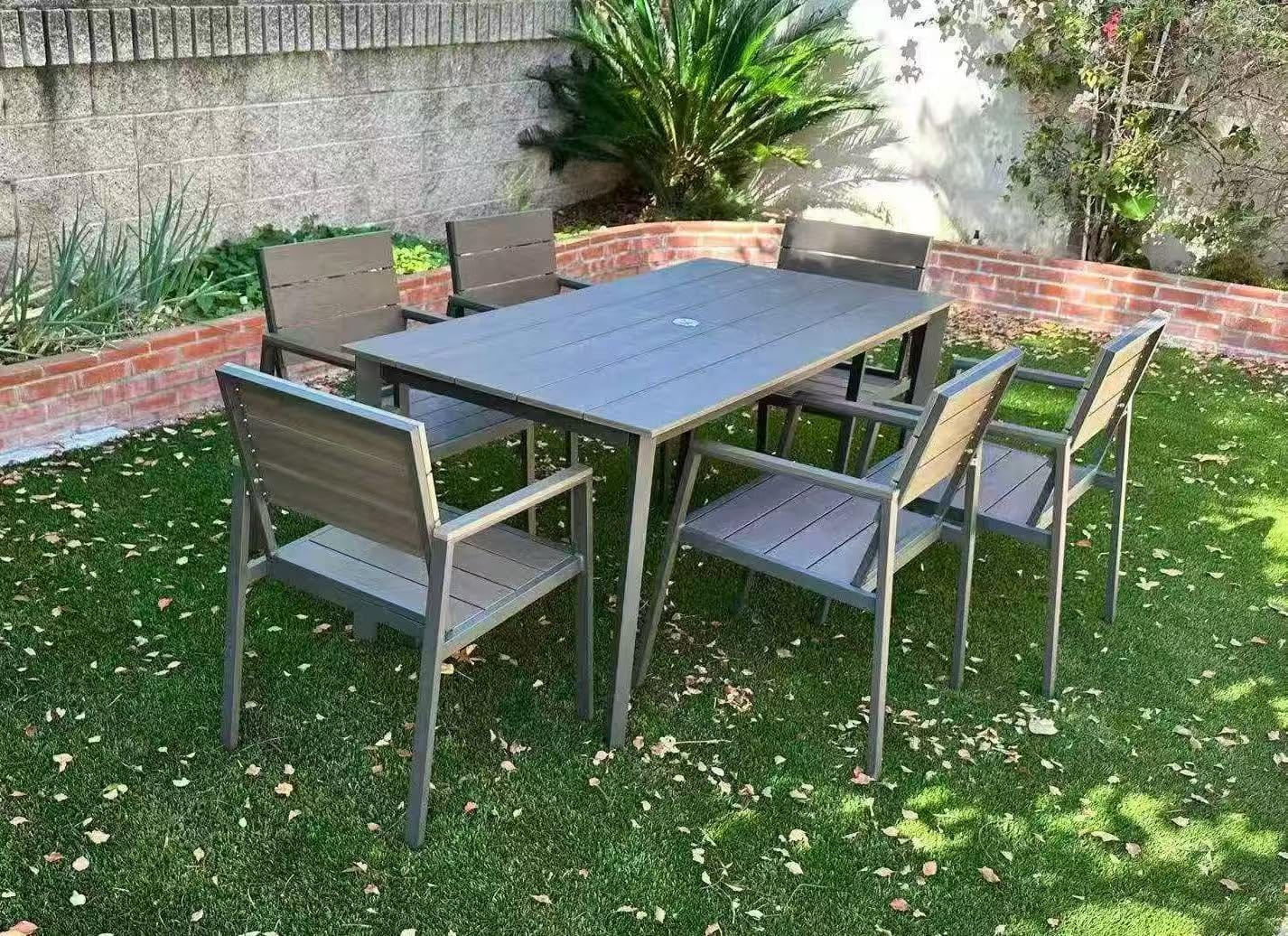 Outdoor Dining Set, Aluminum Patio HDPS Outdooor Table and Chairs Set with Umbrella Hole, All Weather Patio Furniture Set, Patio Dining Table Set, Gray & Teak, 7 Pieces customer photo 1