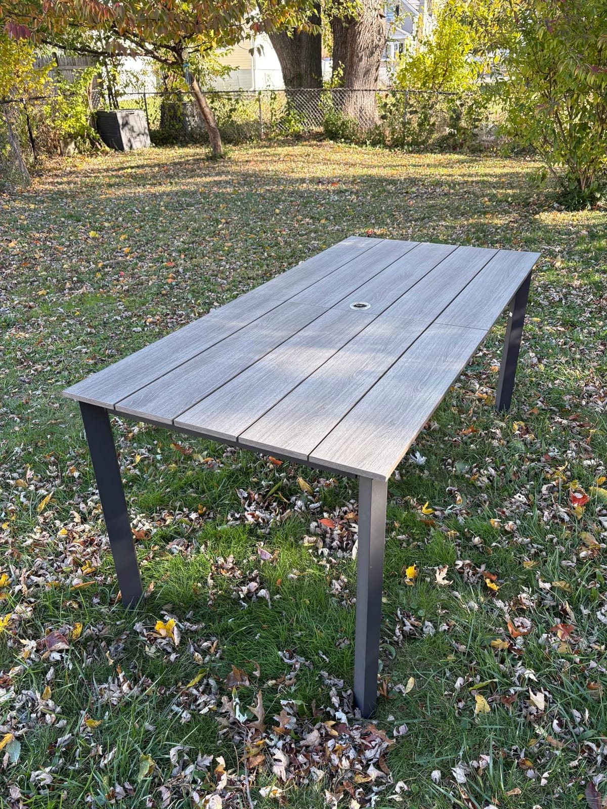 Outdoor Dining Set, Aluminum Patio HDPS Outdooor Table and Chairs Set with Umbrella Hole, All Weather Patio Furniture Set, Patio Dining Table Set, Gray & Teak, 7 Pieces customer photo 2