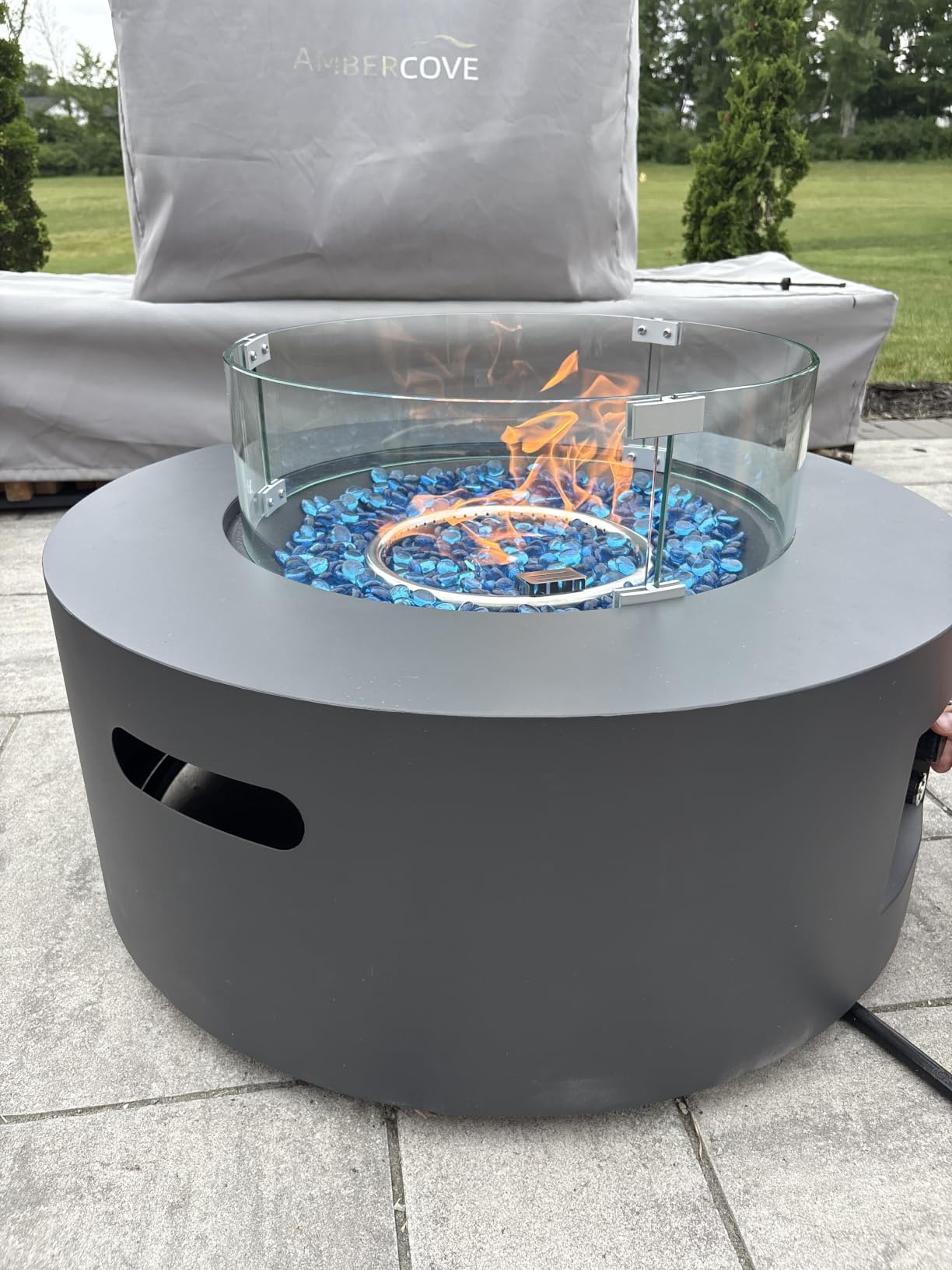 UPHA 42-inch Outdoor Propane Gas Fire Pit Table, Grey | 50000 BTU Iron Round Firepit with Tank Hidden Table, Wind Guard, Removable Lid, Blue Glass Rocks, Rain Cover customer photo 1