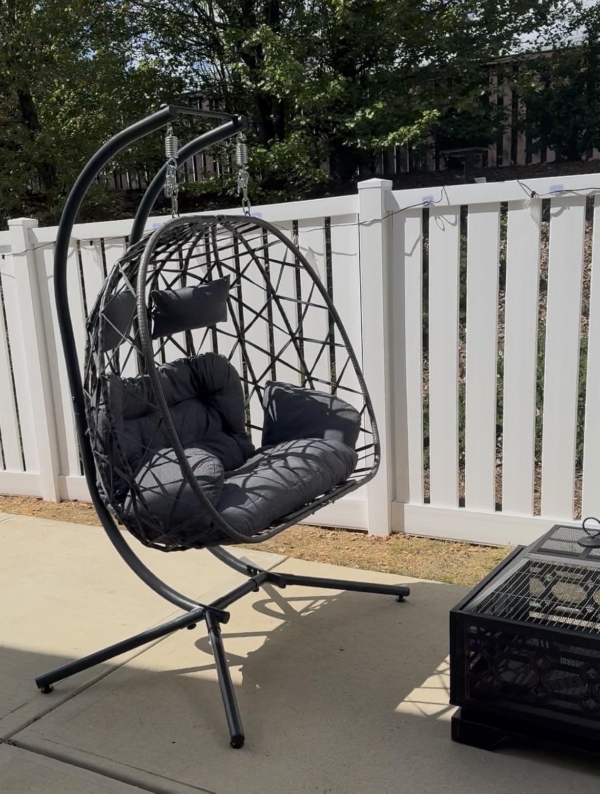 Double Egg Chair Outdoor with Stand, Patio Hanging Swing, Beige | Indoor 2 Person Egg Swinging with Cushion, Wicker Loveseat for Porch Balcony Backyard, Cozy Hammock Chairs 650 LBS Capaticy customer photo 1