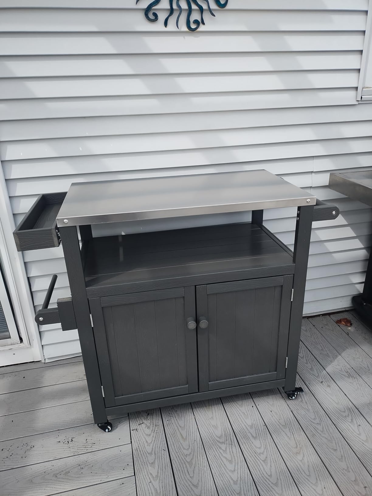 Weatherproof HIPS Outdoor Kitchen Island with Stainless Steel Top & Storage Cabinet, Movable Prep Table with Wheels for BBQ Food Prep, Outdoor Grill Cart for Parties, Black customer photo 2