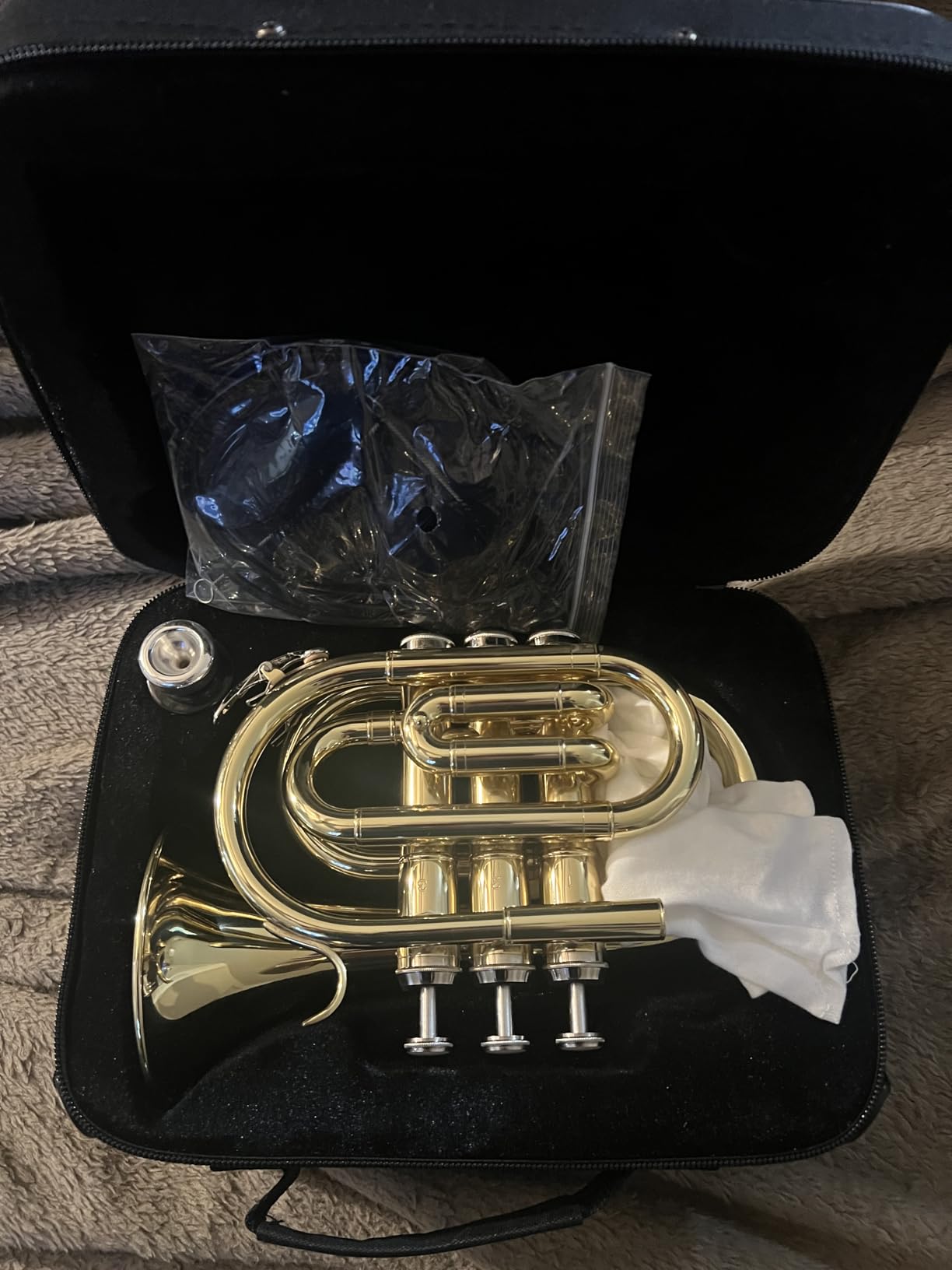 SONICAKE Pocket Trumpet Bb Flat - Gold Lacquer Brass Mini Trumpet Full Kit for Beginners Students with 7C Mouthpiece, Hard Case, Gloves & Cleaning Kit QPT-01 (Golden) customer photo 1