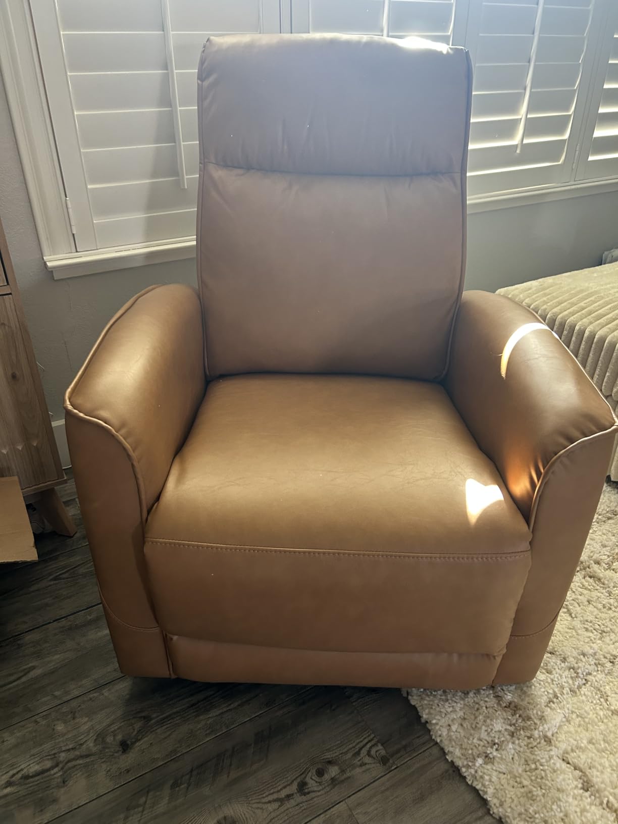 Leather Recliner Chair, Swivel Rocker Recliner Chair, 360° Swivel Nursery Glider Recliner, Manual Recliner for Small Spaces, Living Room, Bedroom, Brown customer photo 1
