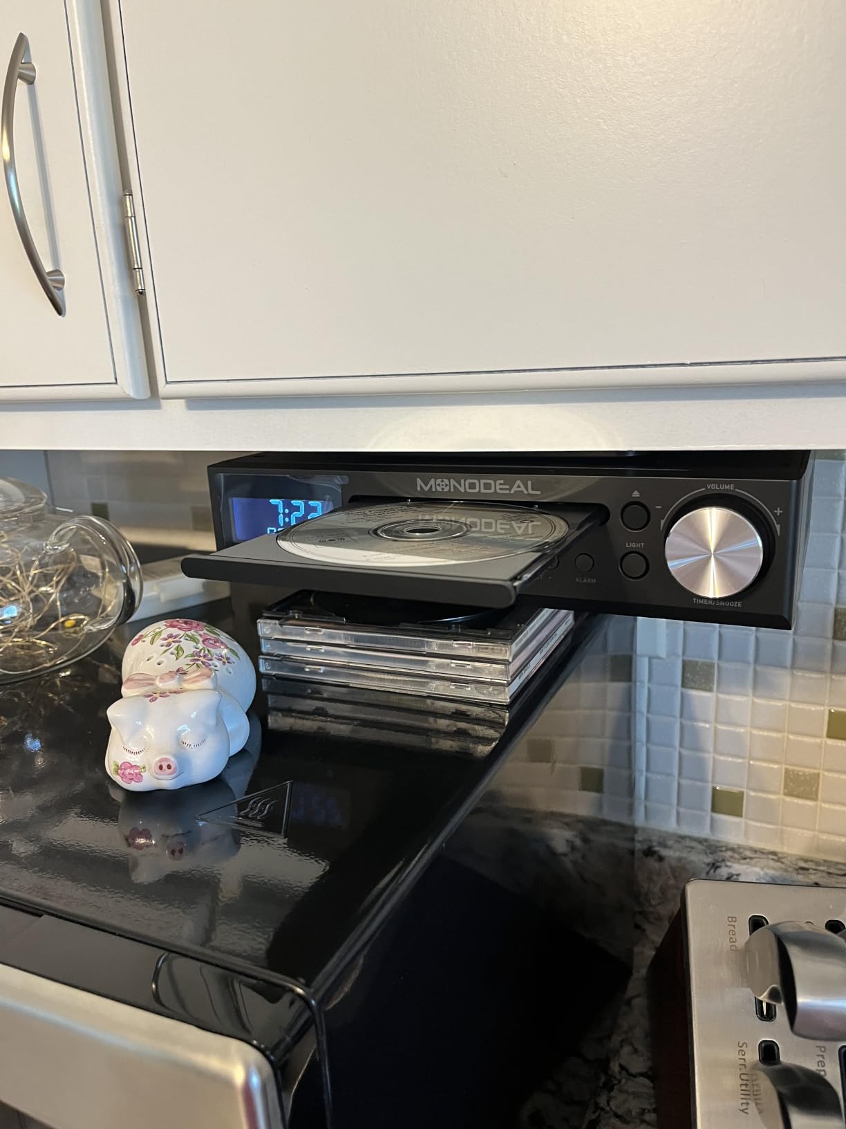 MONODEAL Bluetooth CD Player, Under Cabinet Kitchen FM Radio CD Player, Dual HD Speakers, Wireless Music System with LED Light, Remote Control, Kitchen Timer, Dual Alarm Clock (White) customer photo 1
