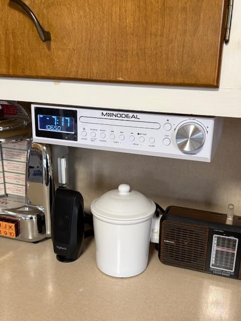 MONODEAL Bluetooth CD Player, Under Cabinet Kitchen FM Radio CD Player, Dual HD Speakers, Wireless Music System with LED Light, Remote Control, Kitchen Timer, Dual Alarm Clock (White) customer photo 2