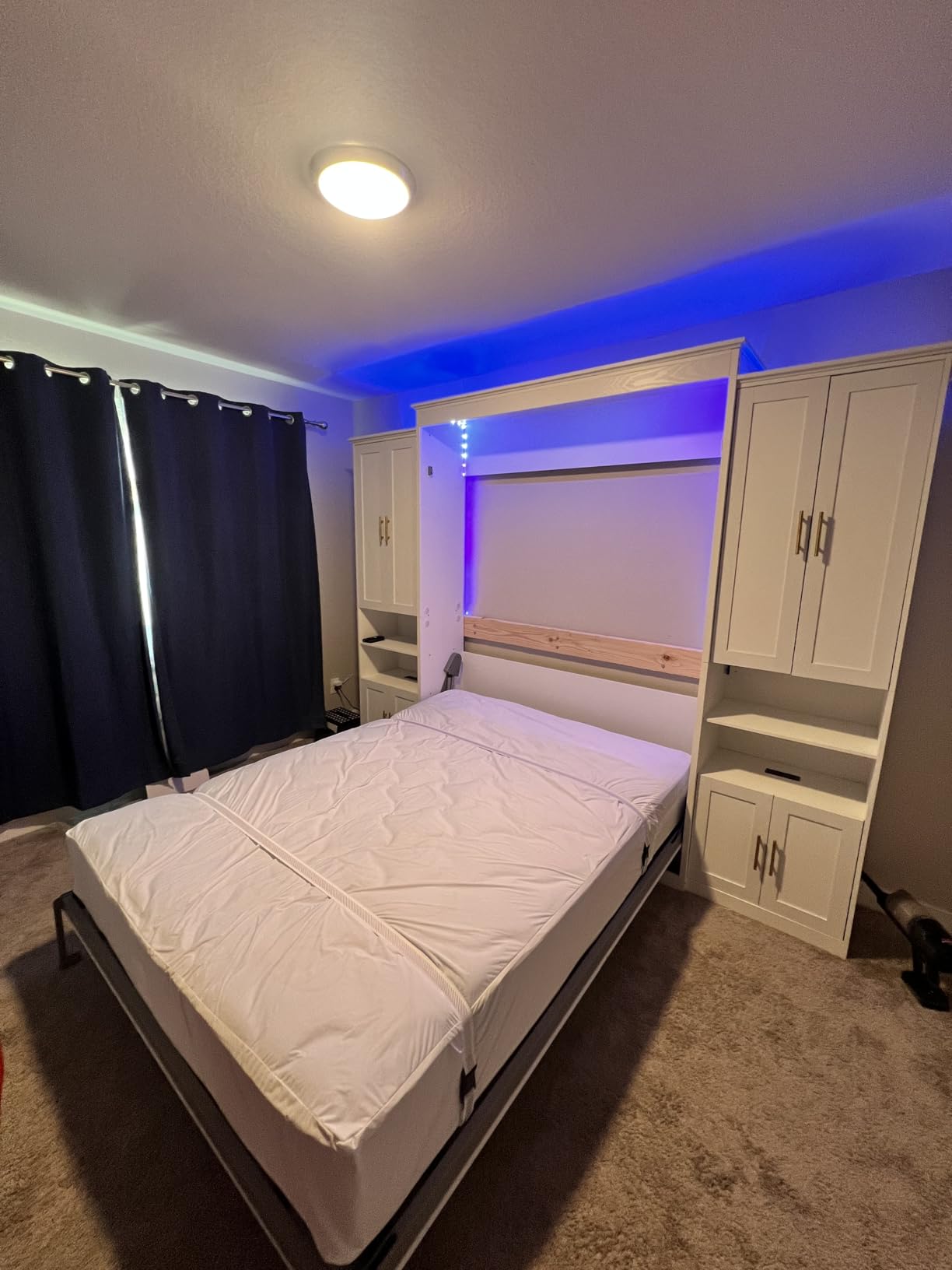 Murphy Bed Queen with 2 Storage Cabinets and USB Port, Natural Wood | Farmhouse wood wall bed folds into a hidden cabinet to save floor space, ideal for guest rooms, apartments and bedrooms customer photo 1