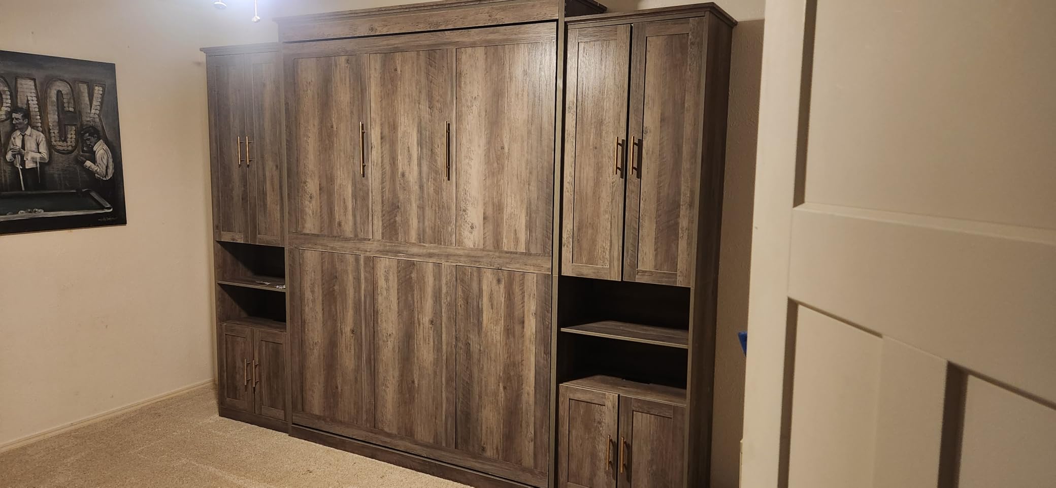 Murphy Bed Queen with 2 Storage Cabinets and USB Port, Natural Wood | Farmhouse wood wall bed folds into a hidden cabinet to save floor space, ideal for guest rooms, apartments and bedrooms customer photo 2