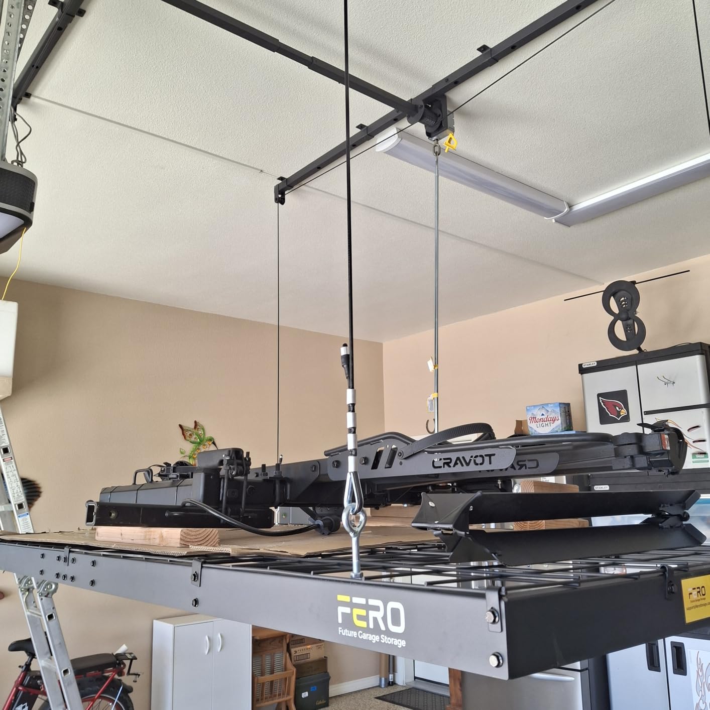FERO Overhead Garage Storage Rack 4x8, 500 lb Heavy-Duty Capacity, Ceiling Mounted Storage Lift with Safety Lock, Drop Down Overhead Storage System, Garage Ceiling Hoist Organizer customer photo 1