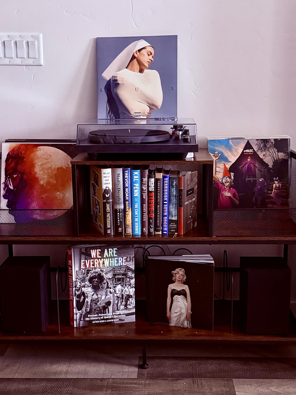 Record Player Stand with Dual Display Bins Storage for 300+ Vinyl Records | Dual display bins, open audio shelf and 3 lower compartments organize 300+ records in one complete vinyl listening station customer photo 2