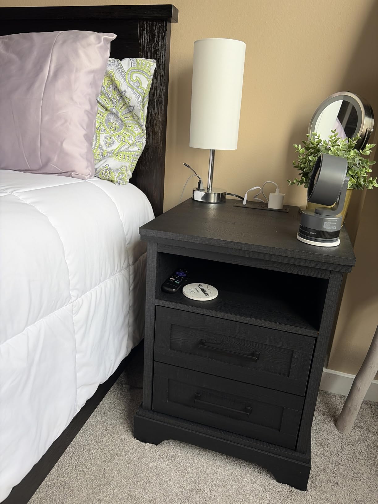 DUMOS Farmhouse Nightstand with Charging Station & USB Ports | Wood Bedside Table with 2 Spacious Storage Drawers and Open Shelf, Minimalist Modern End Table for Bedroom, White customer photo 2