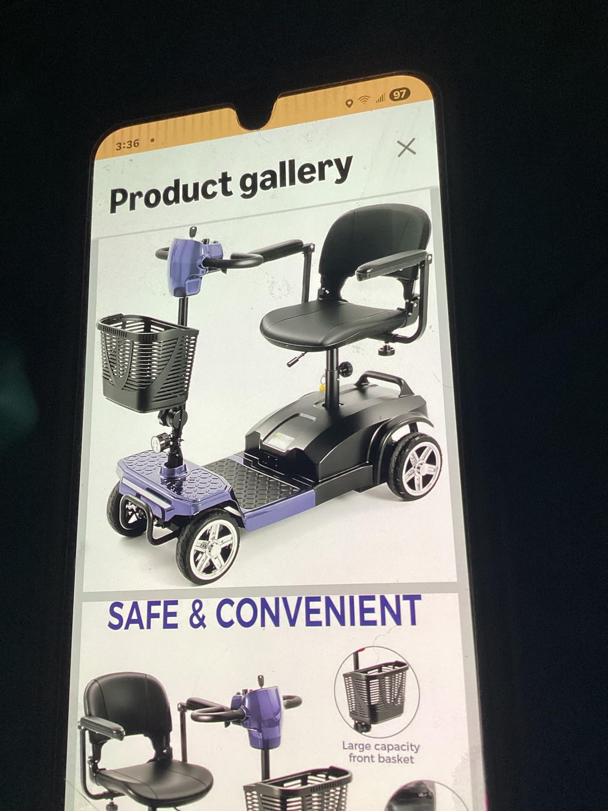 20 Miles 4 Wheels Mobility Scooter for Seniors/Adults Up to 300LBS, 350W Electric Wheelchair Detachable Lithium Battery, Dual Baskets, Rotating Seat, Taillight, USB Charging, Purple customer photo 1