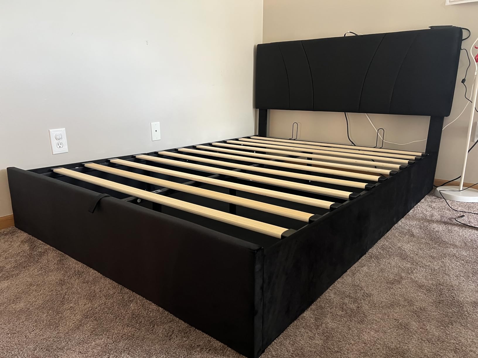 Novilla Queen Lift Up Storage Bed Frame/Charging Station/LED Light, White | 3-Height Adjustable Upholstered Headboard, Hydraulic Support Bedframe, No Box Spring Needed, Velvet customer photo 2