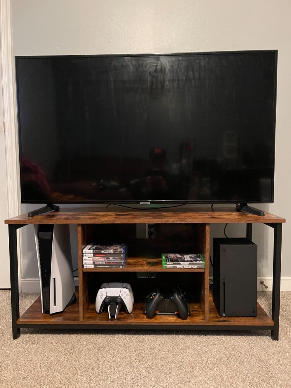 VASAGLE Tall Farmhouse TV Stand, Entertainment Center with Door for 65'' TV | Media Console with Storage Cabinet, 58.3 x 15.7 x 31.9 Inch, Rustic White and Honey Brown, LIRY Collection ULTV031W101S customer photo 1