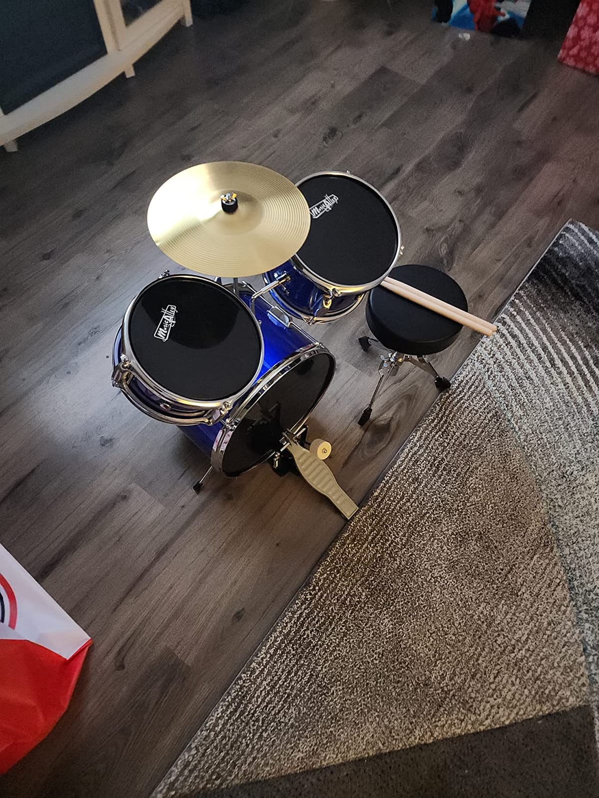 Music Alley 3 Piece Kids Drum Set with Throne, Cymbal & Sticks, Blue customer photo 2