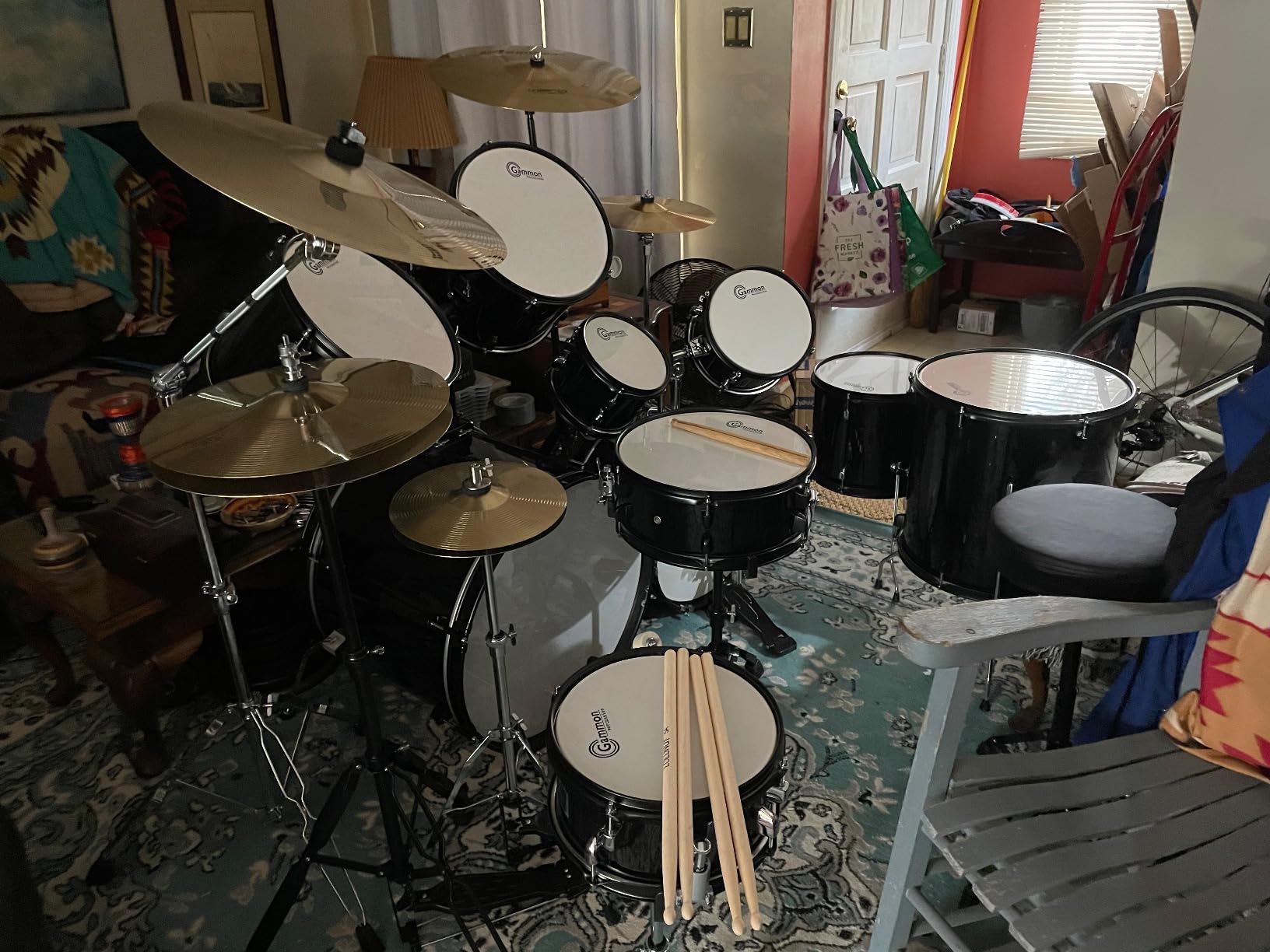Gammon Percussion Full Size Complete Adult 5-Piece Drum Set with Cymbals, Stands, Stool, and Sticks - Black customer photo 2