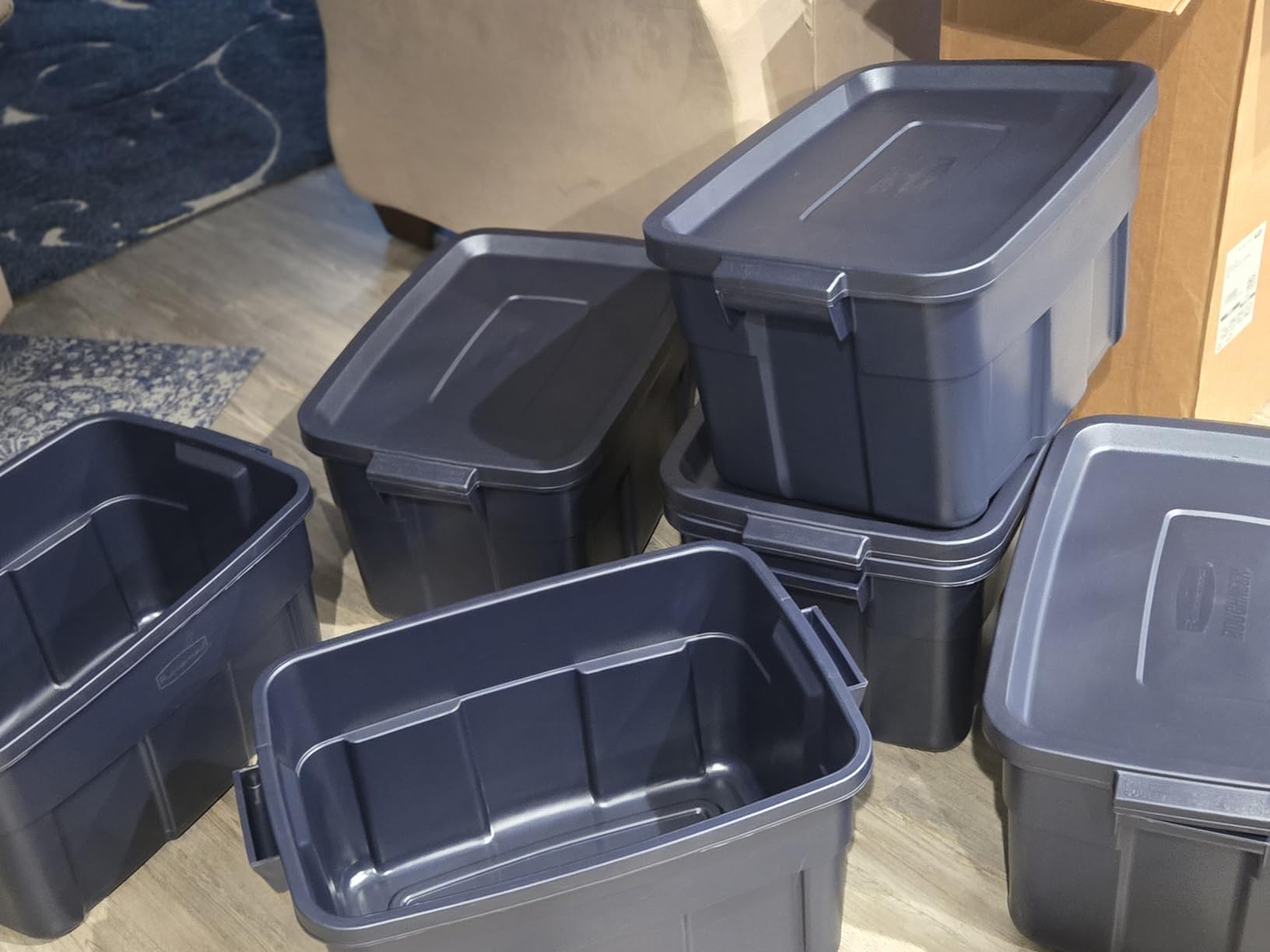 Rubbermaid Roughneck Tote 10 Gal, 8 Pack, Made in USA, Dark Indigo Metallic, Rugged Plastic Stackable Storage Bins with Lids and Handles customer photo 1