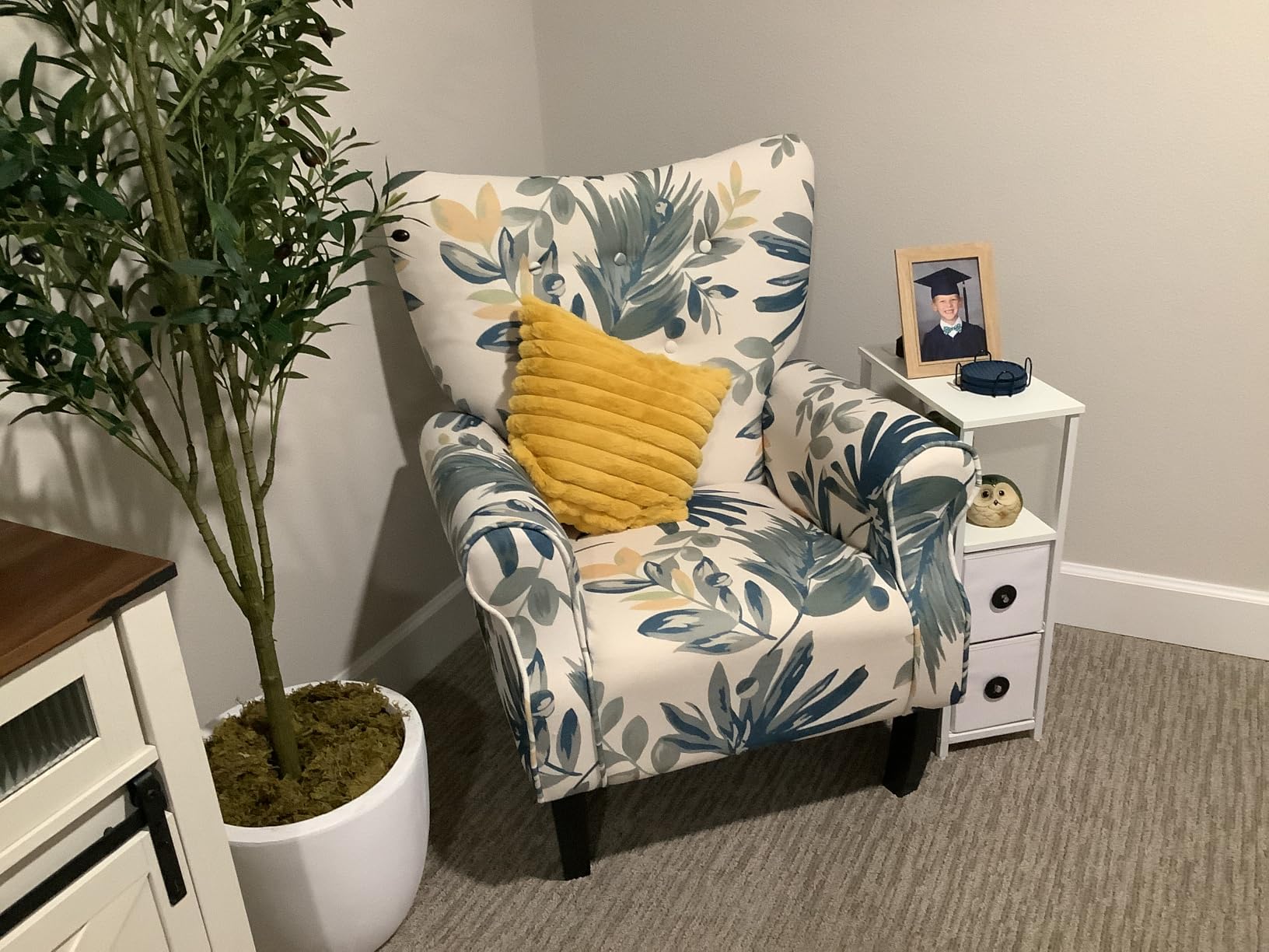 YOLENY Modern Accent Chair,High Back Armchair,Upholstered Fabric Button Single Sofa with Wooden Legs for Living Room,Bedroom,Blue Leaves customer photo 1
