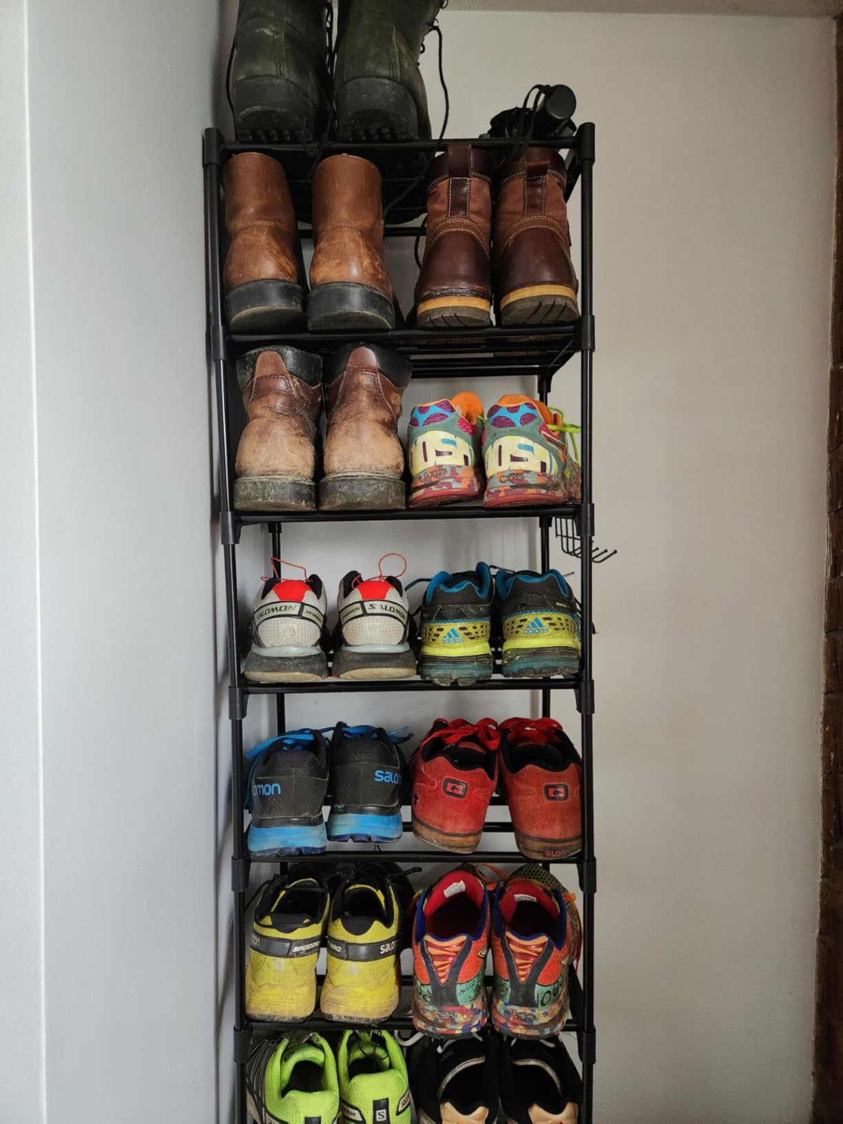 Narrow Shoe Rack 10 Tiers Tall Shoe Rack for Entryway Closet 20 24 Pairs Shoe & Boots Organizer Storage Shelf Durable Black Metal Stackable Shoe Cabinet with Hooks, 17.1D x 11.8W x 78.7H in customer photo 1