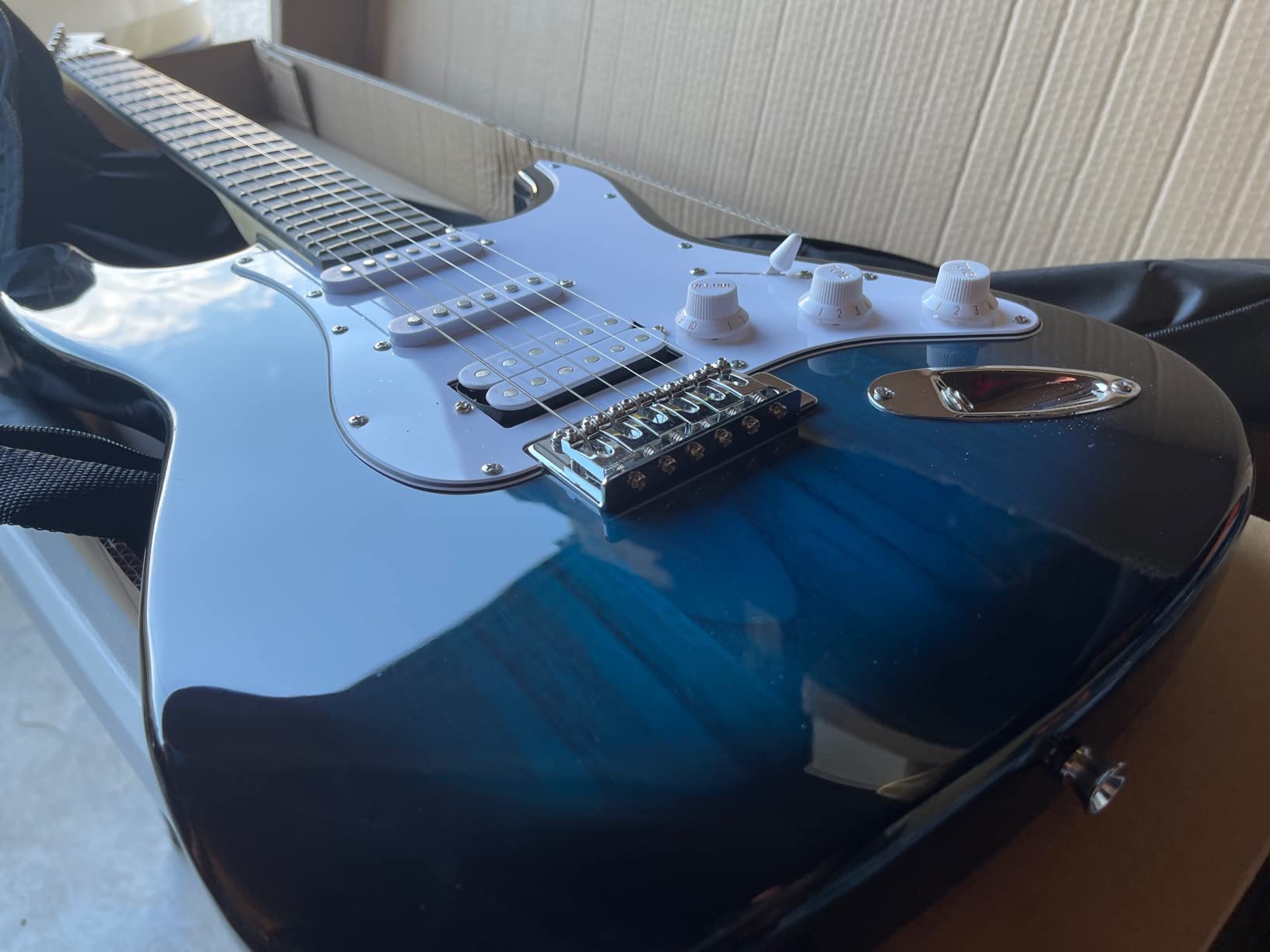 Ermik Solid Body Electric Guitar Kit with Amp 20W, Strings, Strap, Digital Tuner, Picks, Gig Bag, Cable, Tremolo Bar, 39