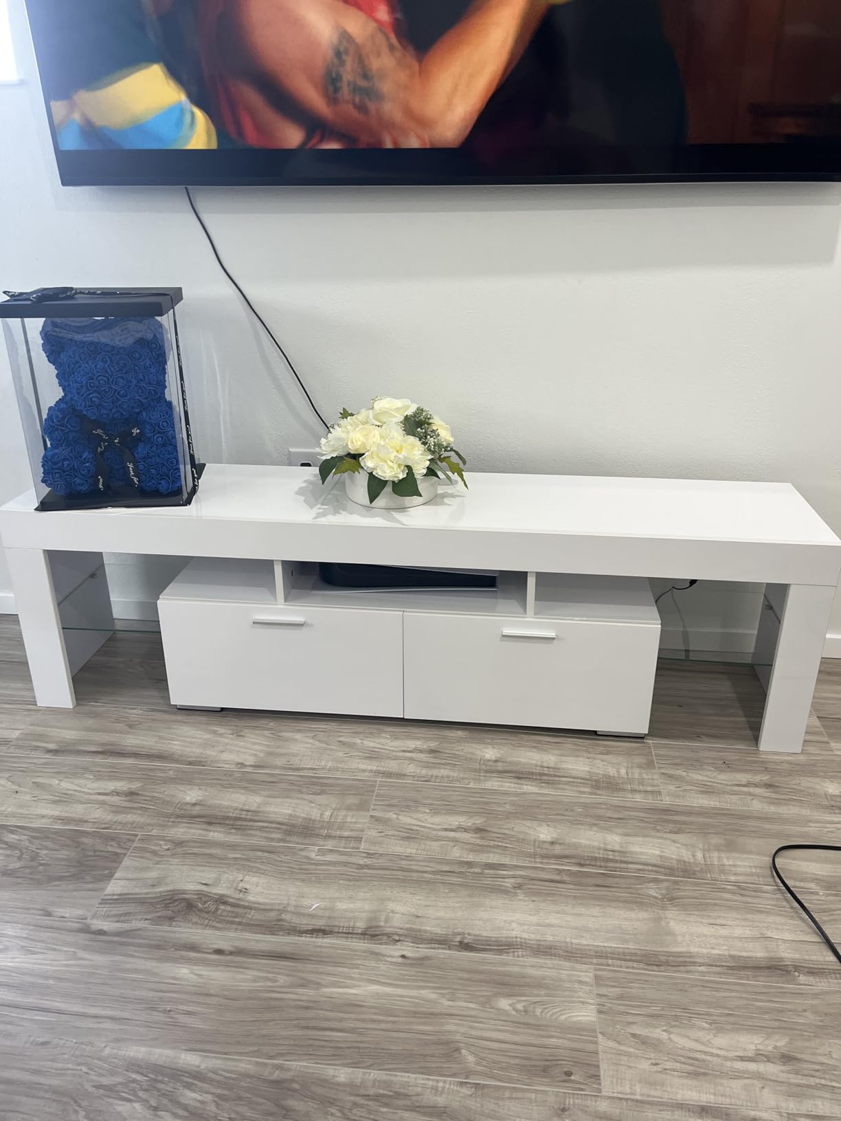 Nrizc White LED TV Stand for 75 Inch TV, High Gloss Entertainment Center with Storage Drawer, Console Table for Living Room, Bedroom customer photo 1