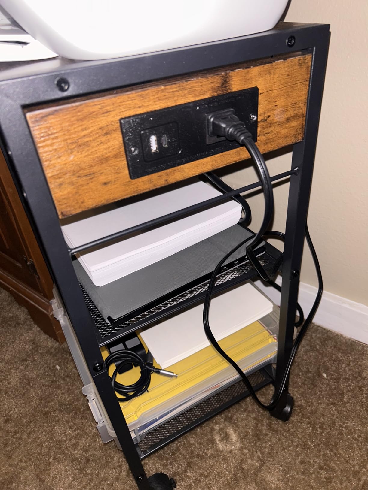 HOOBRO Industrial Printer Stand, 3-Tier Mobile Printer Table, Rolling Cart with Power Outlets and USB Ports, Home Printer Stand with 2 Hooks, for Office, Living Room, Rustic Brown BF22UPS01 customer photo 1