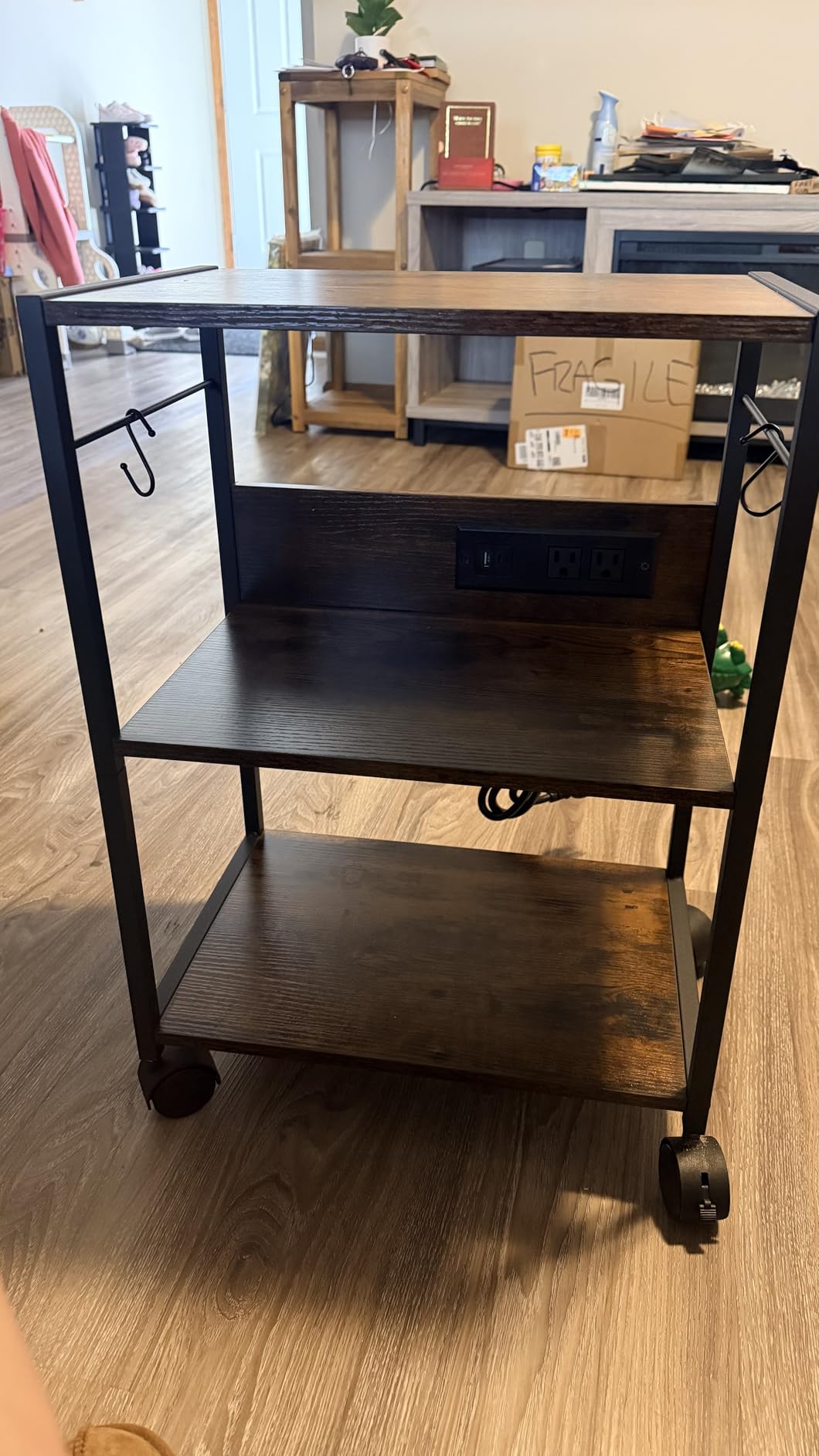 MAHANCRIS Industrial Printer Cart, 3-Tier Mobile Printer Stand, Rolling Cart with Power Outlets and USB Ports, Home Printer Stand with 2 Hooks, for Office, Living Room, Rustic Brown PTHR40E01Z customer photo 1