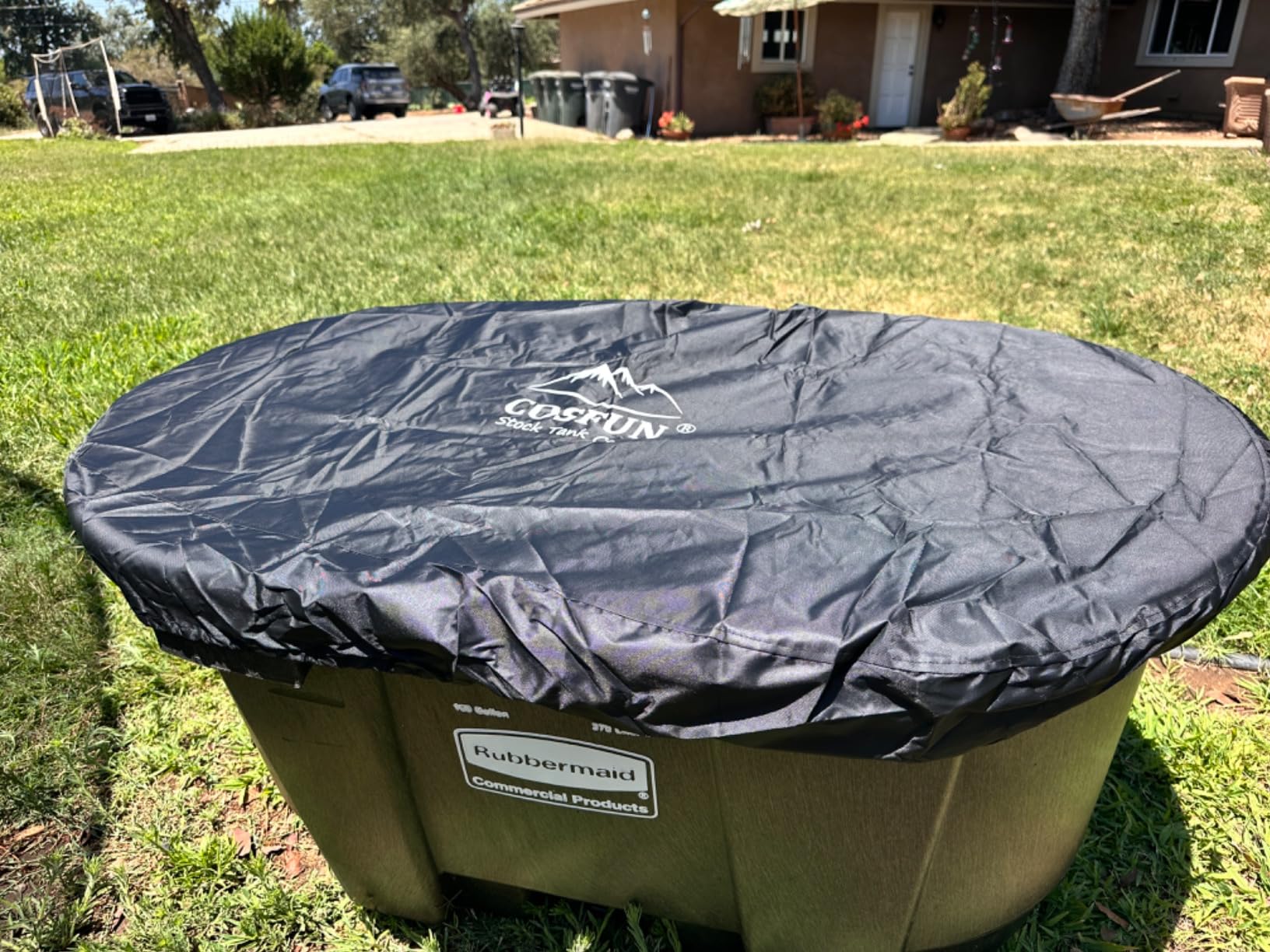 COSFUN 100 Gallon Oval Stock Tank Cover,Waterproof Dust Proof Anti-UV Ice Bath Cover,Keep Water Trough Clean(Elastic Bottom,Black) customer photo 2
