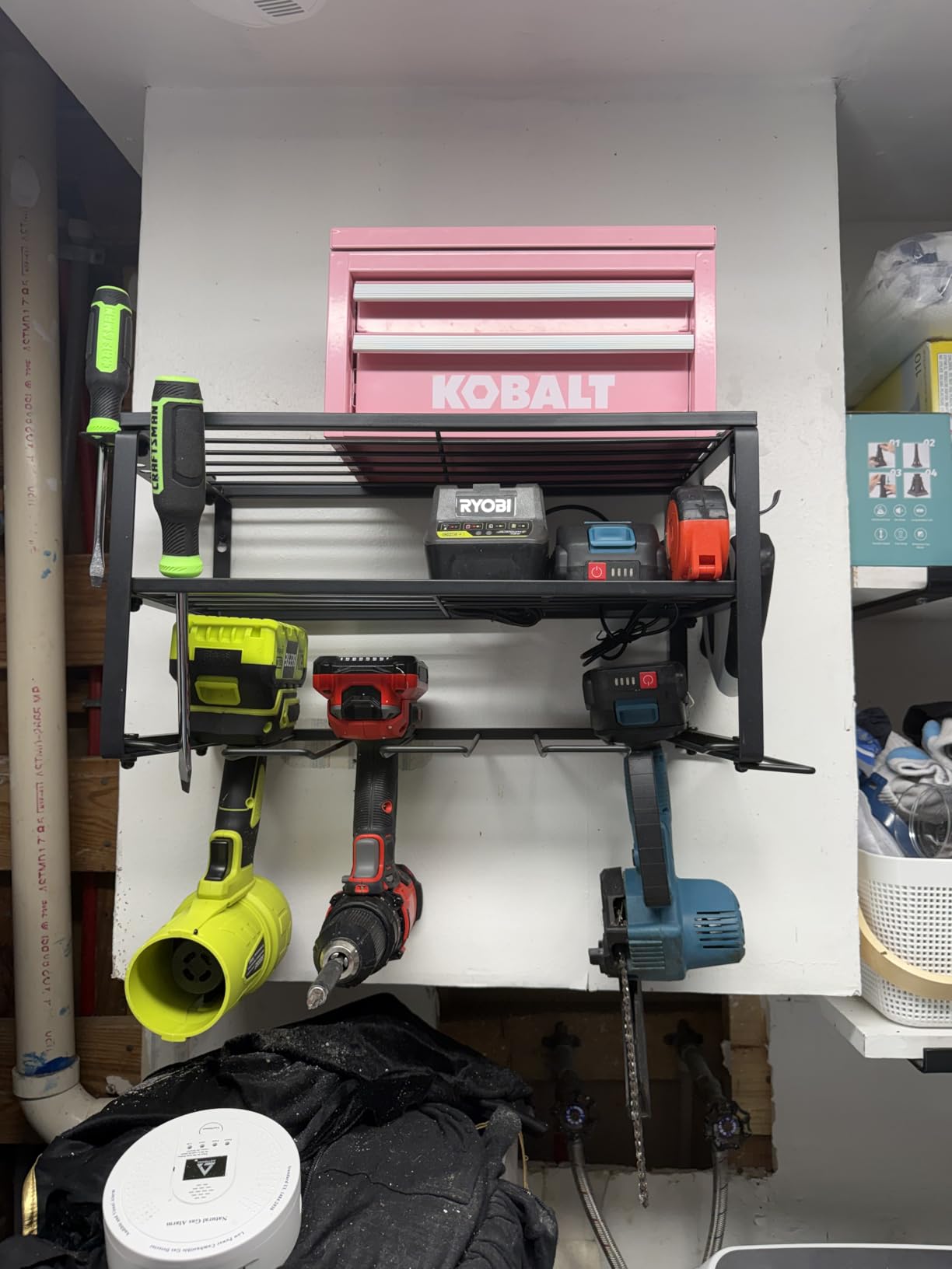 SUNALLY Power Tool Organizer, Heavy Duty Iron, 3 Layers Storage Rack with 4 Drill Holders, Floating Tool Shelf Wall Mounted, Matte Black, Work Shop, Garage, 150Lbs Load Capacity customer photo 1