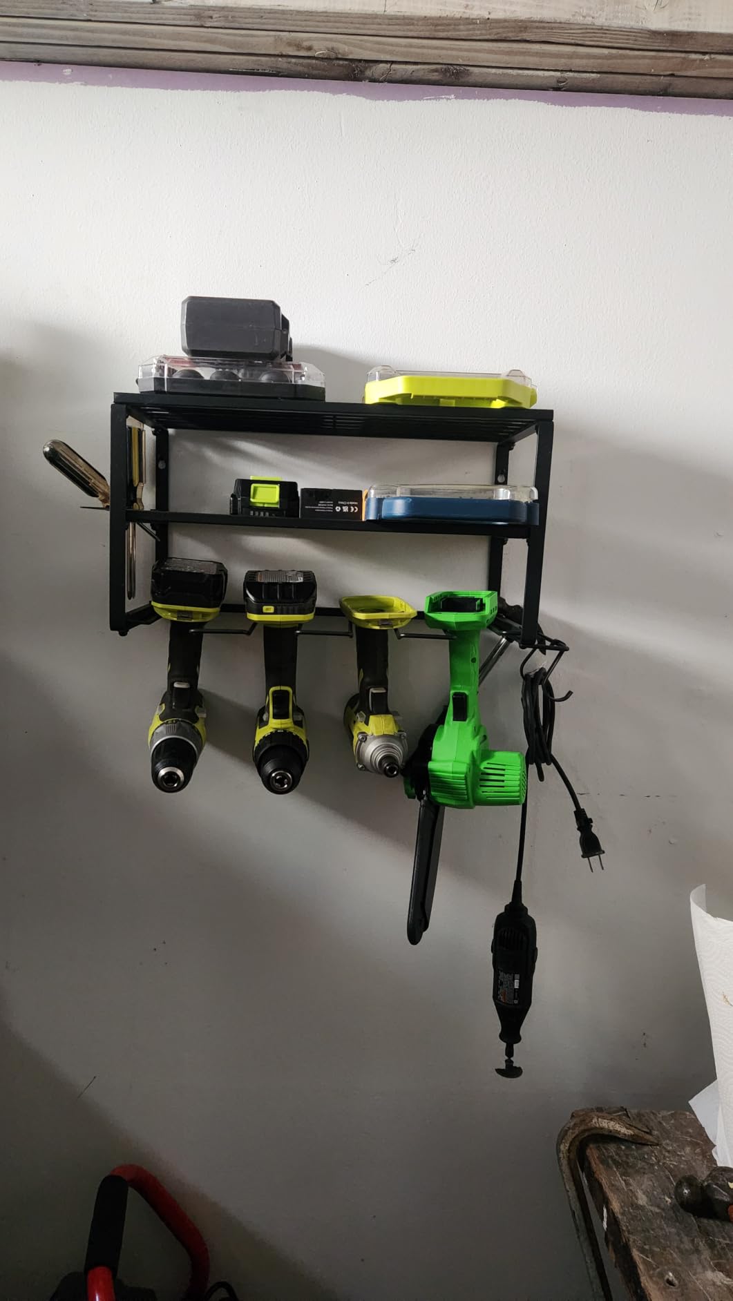 SUNALLY Power Tool Organizer, Heavy Duty Iron, 3 Layers Storage Rack with 4 Drill Holders, Floating Tool Shelf Wall Mounted, Matte Black, Work Shop, Garage, 150Lbs Load Capacity customer photo 2