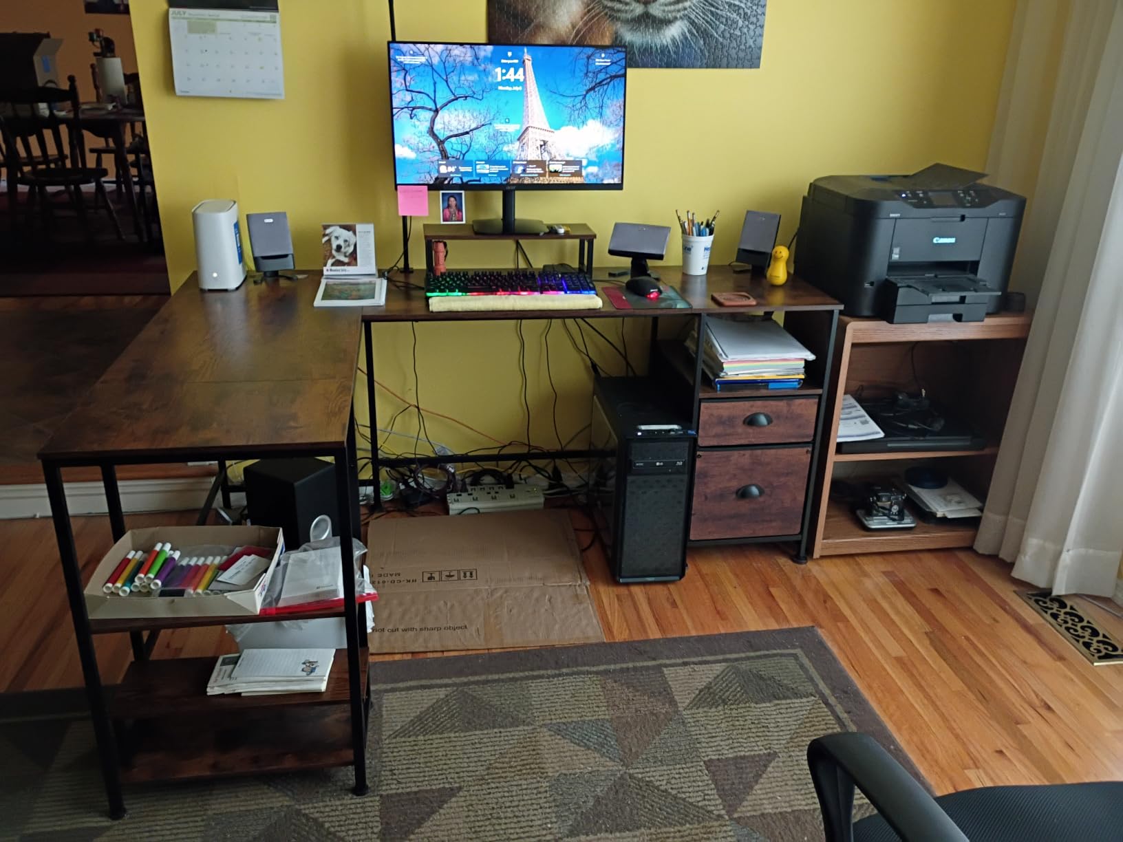 Furologee 66'' L Shaped Desk with Power Outlet and 2 Drawers, Rustic Brown customer photo 1