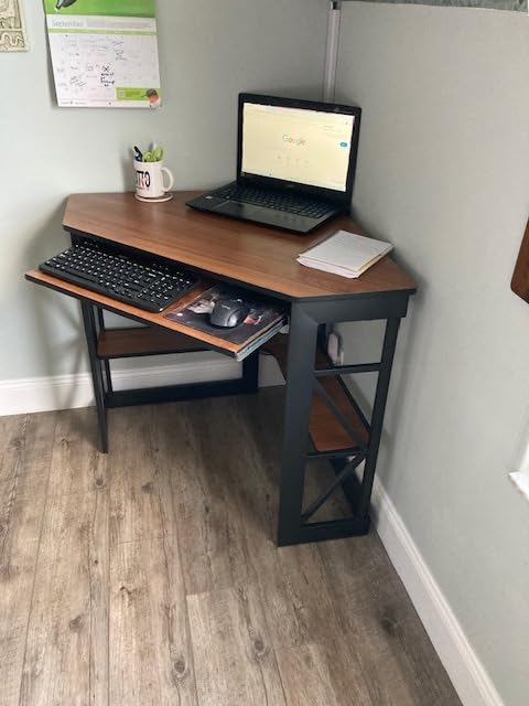 VECELO Corner Computer Desk 41 x 30 inches with Smooth Keyboard & Storage Shelves for Home Office Workstation,White & Gold customer photo 2