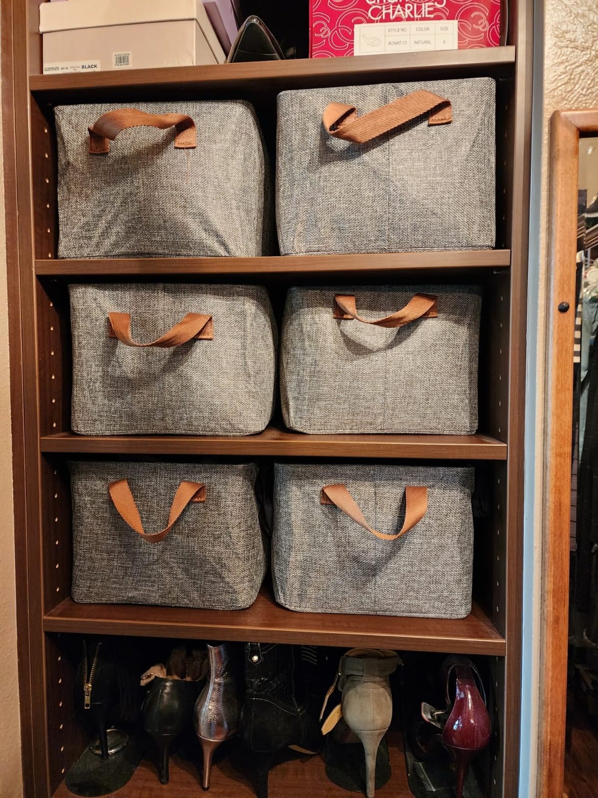 AARAINBOW Linen Closet Organizer Storage Bin with Steel Frame, Stackable Fabric Jeans Baskets for Shelves, 4 Packs Foldable Wardrobe Clothes Box for Sweater Pants Towel Shirt Storage, 23L Gray customer photo 1