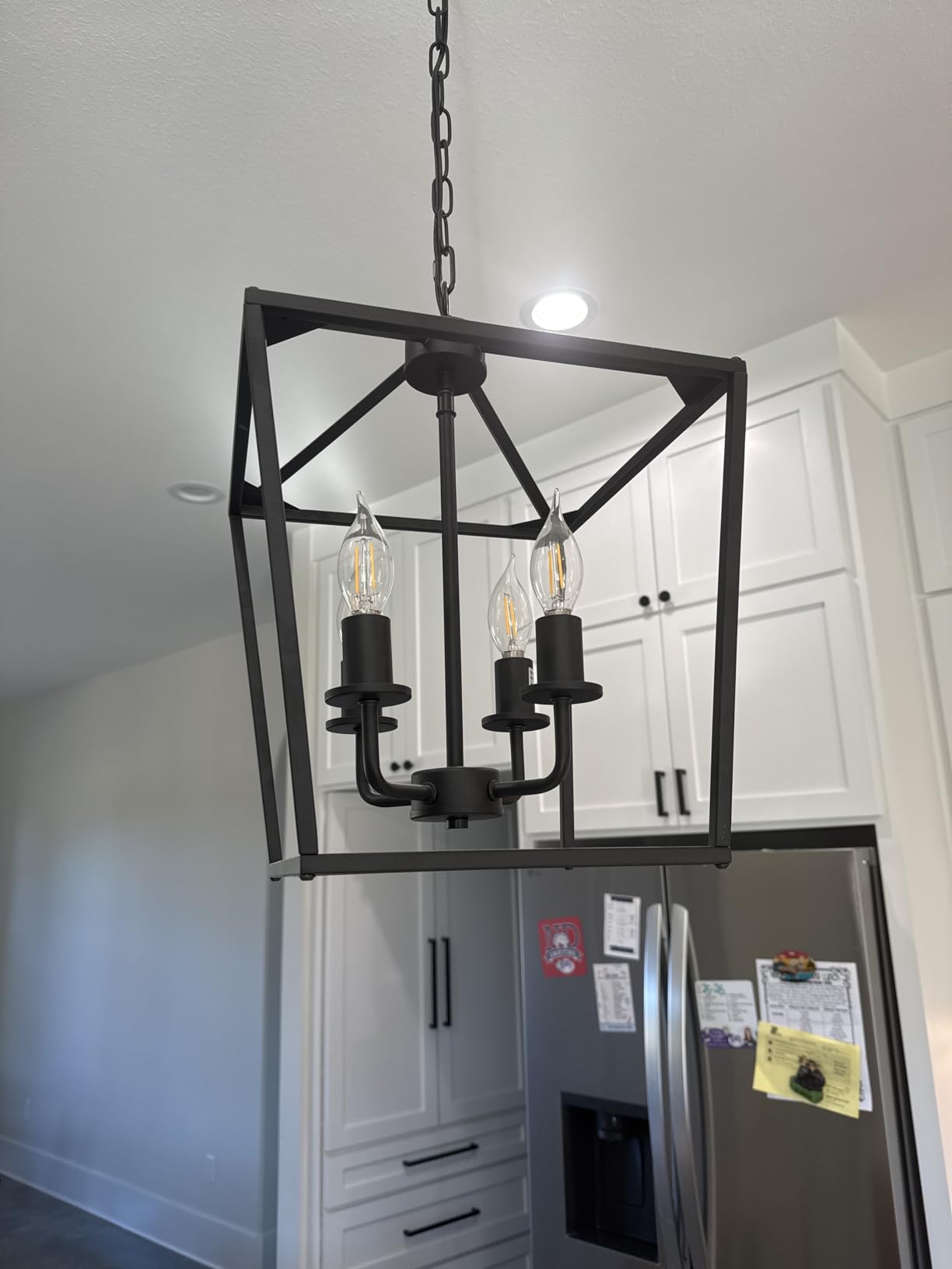 Industrial 4 Lights Chandelier, Gold Lantern Ceiling Light Fixtures with Rustic Metal Cage Adjustable Height Farmhouse Geometric Hanging Light for Kitchen Island, Dining Room, Entryway, UL Listed customer photo 2