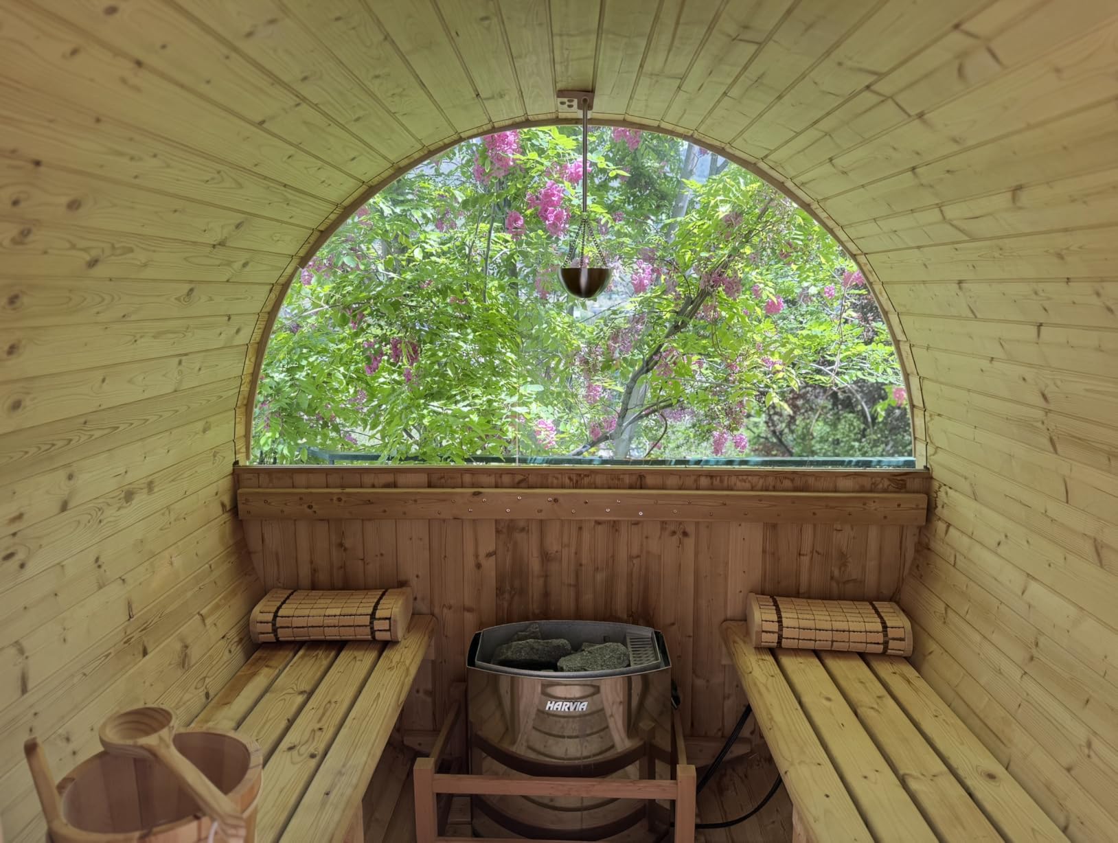 WOODBRIDGE 4-Person Luxury Finland Thermo Pine Outdoor Barrel Sauna with Half View Window,Harvia Electric Heater with Sauna Stone, Sauna Accessories Kit and Asphalt Shingle Roof, 4'x6', OBS1818 customer photo 1