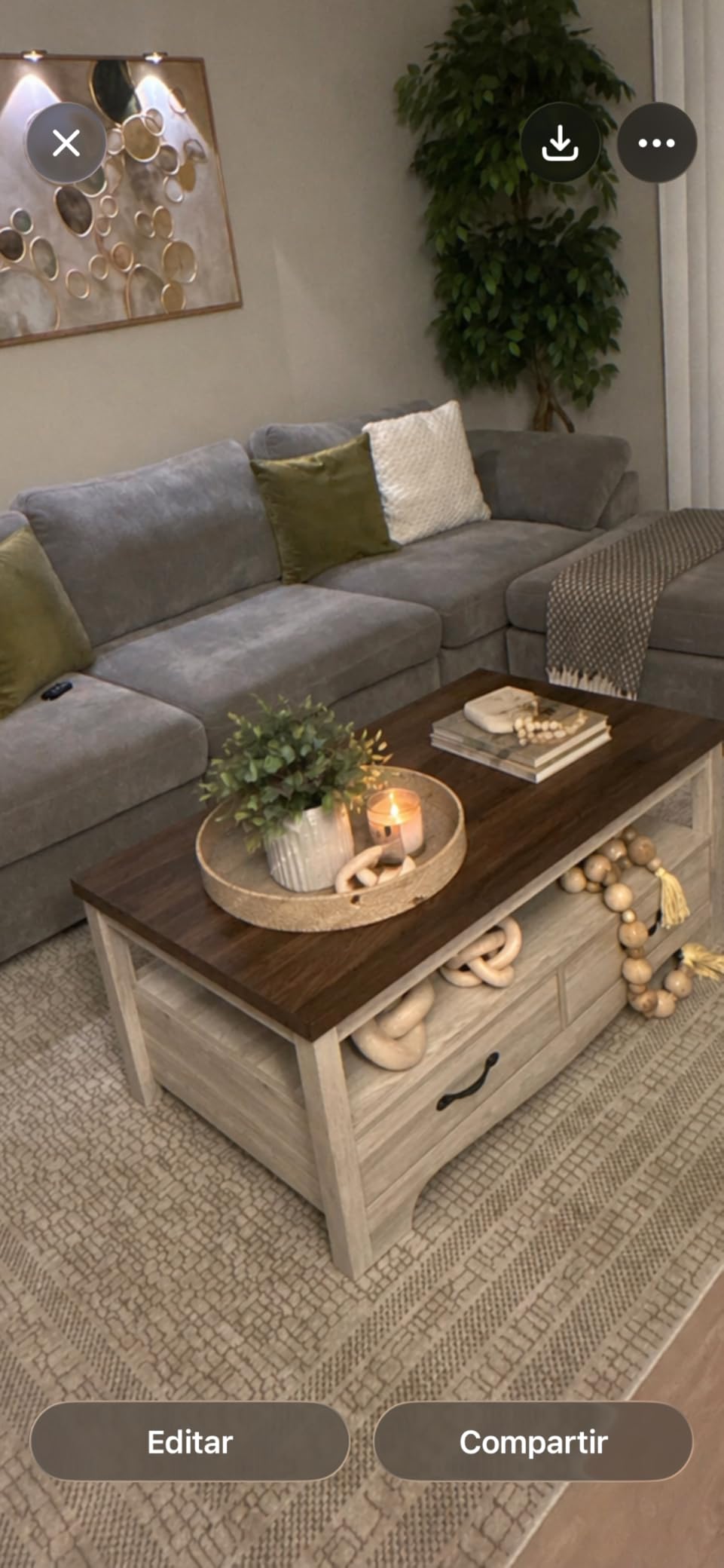 LINSY HOME Farmhouse Coffee Table with Storage, Wood Coffee Table for Living Room, Open Display Area and Storage Drawers with Metal Handles, Chic Style with Curved Base, Brown customer photo 2