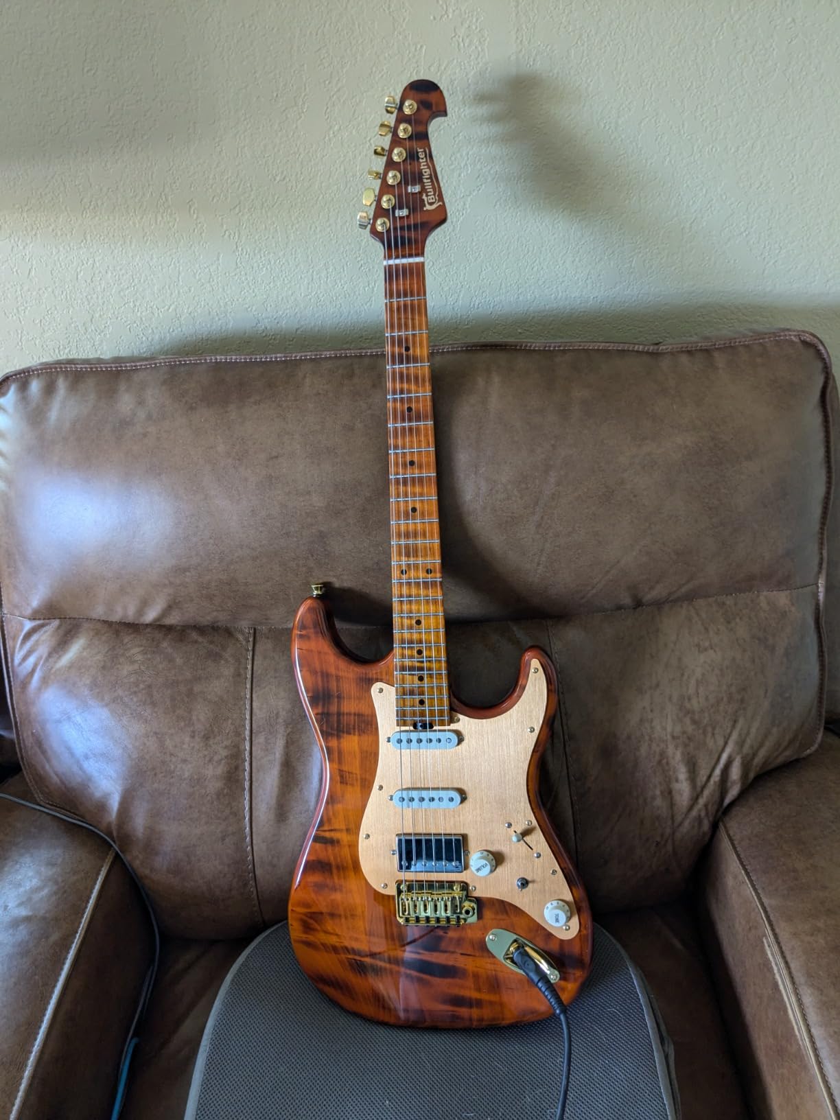 Bullfighter Electric Guitar with Tiger Stripe Flamed Maple Top & Gold Pickguard, Solid Body Electric Guitars for Adults D190(New version) customer photo 2