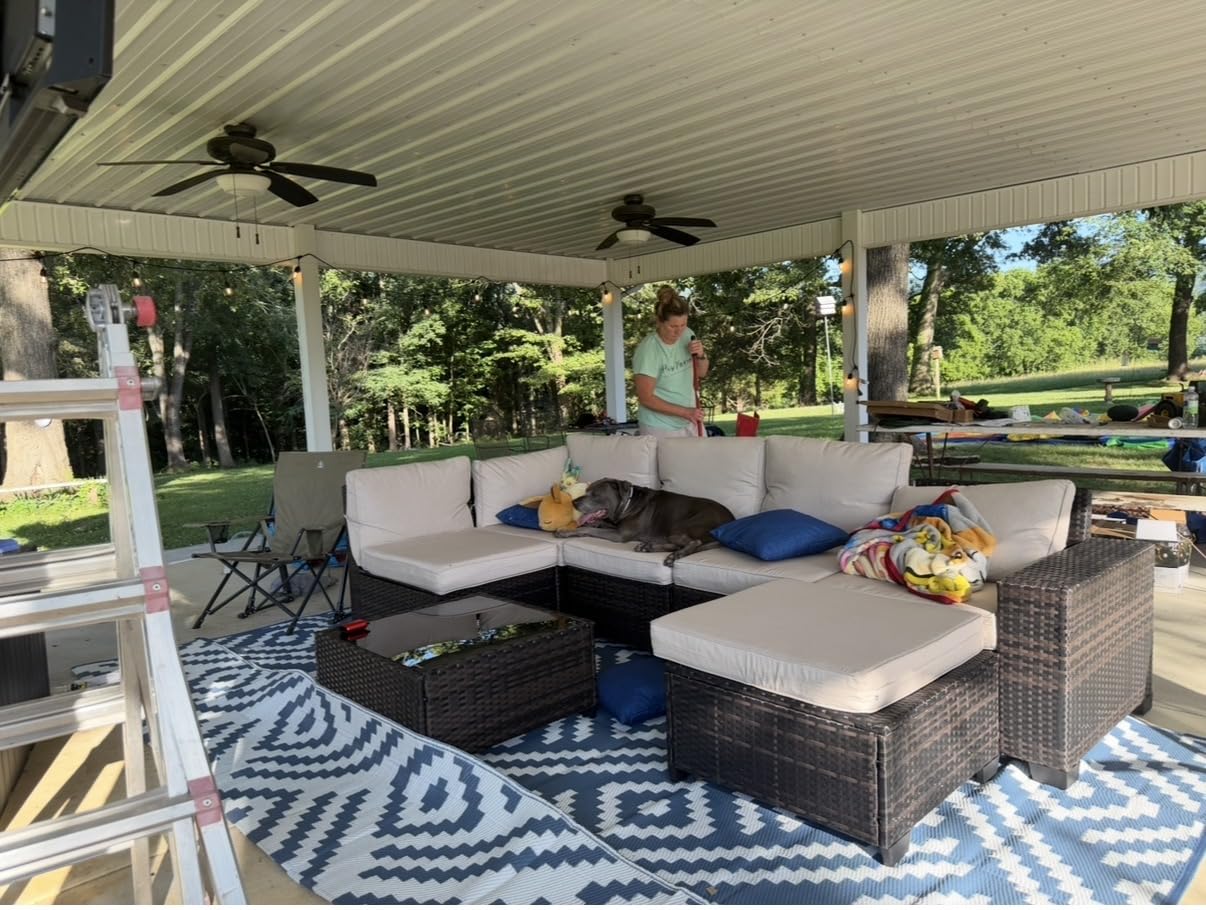 JOYURE 6 Pieces Patio Furniture Set All-Weather Outdoor Wicker Sectional Conversation Sofa Rattan Patio Seating Sofa with Cushion and Glass Table for Porch Poolside,Navy customer photo 1