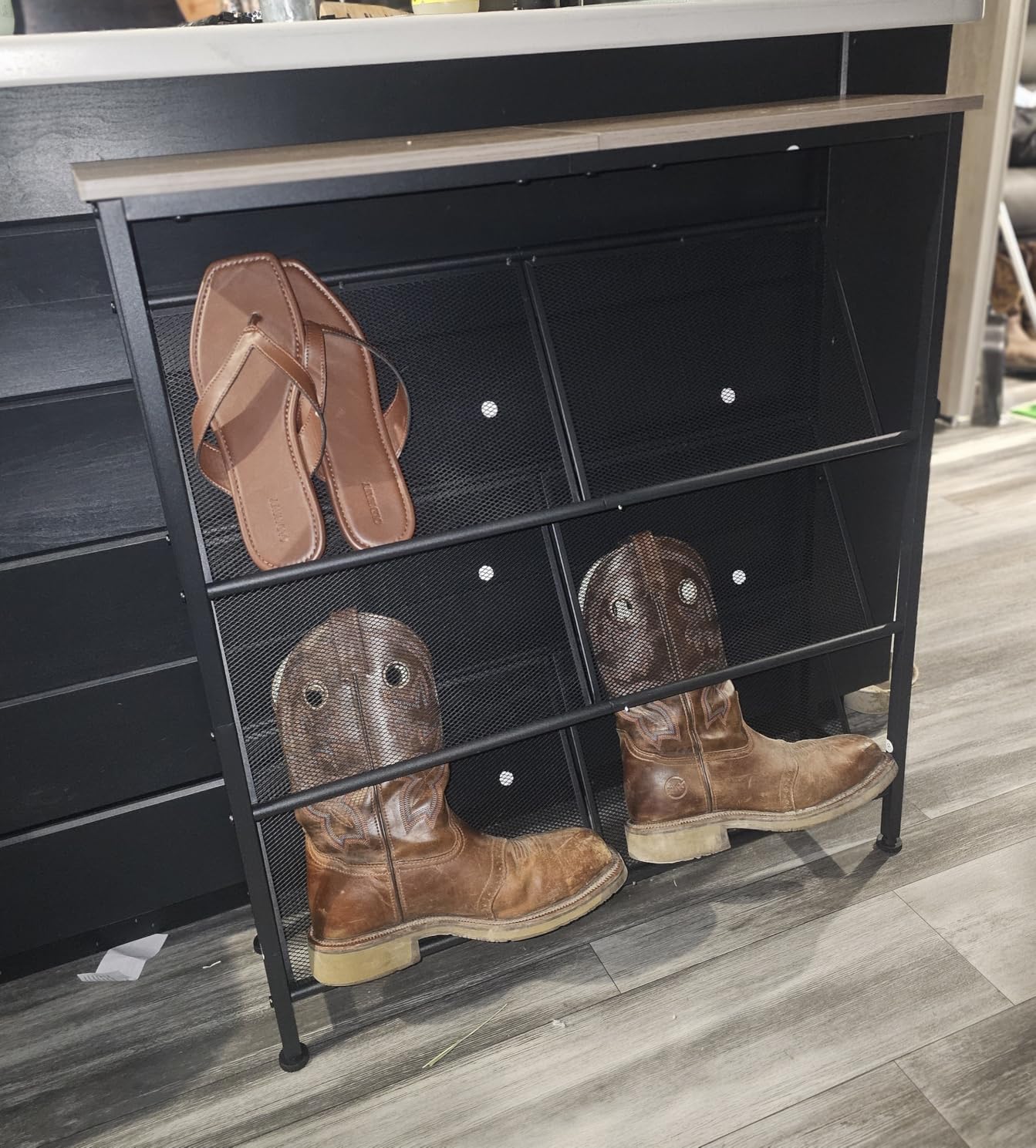 CHOEZON Shoe Rack, 4-Tier Slanted Shoe Storage Shelf, Narrow Shoe Rack for Entryway, Shoe Organizer with Adjustable Feet, Slim Shoe Shelf with Wooden Top and Metal Frame Rustic Brown and Black TXJ75BF customer photo 2