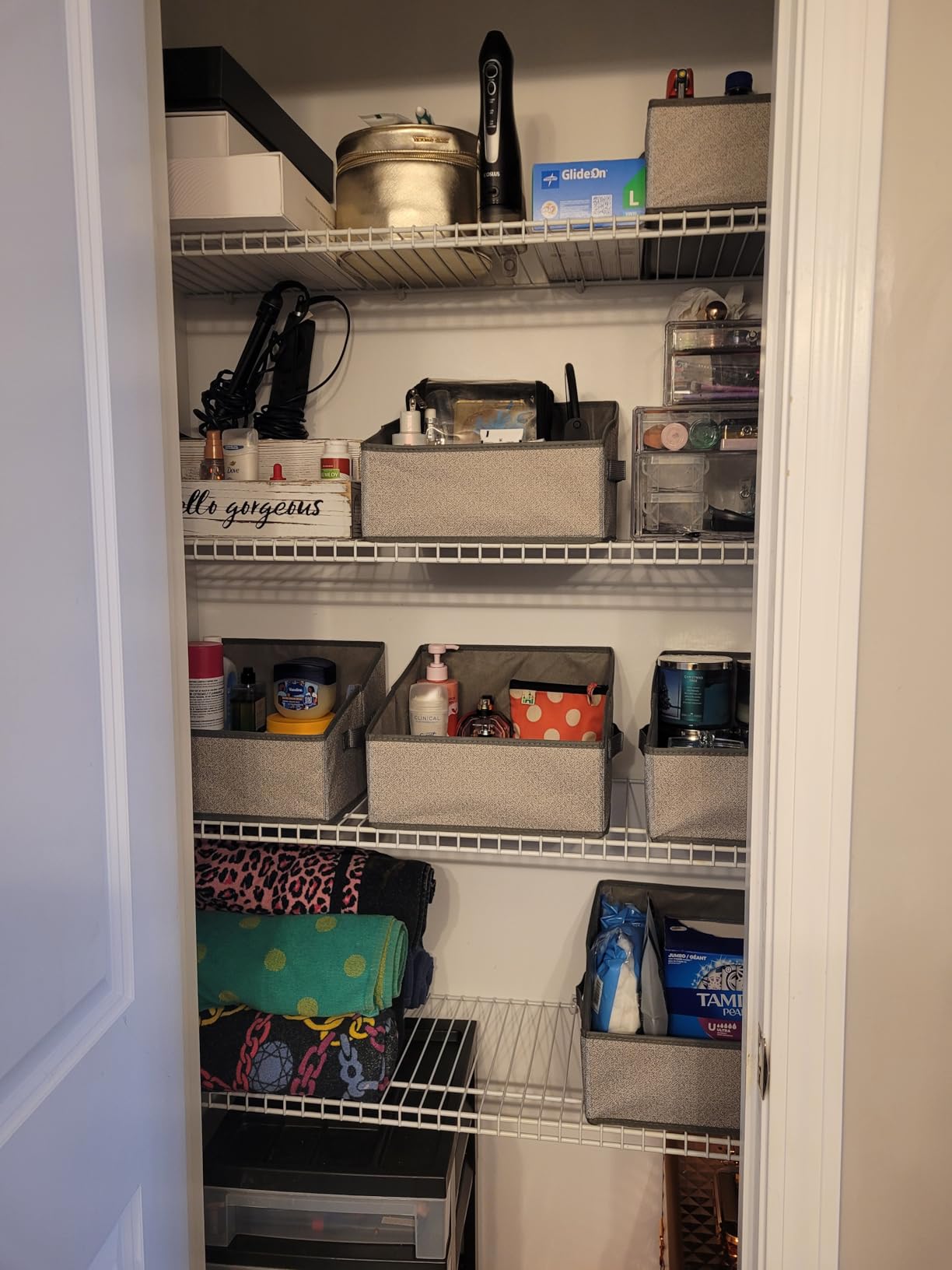 DIMJ Large Closet Shelf Organizer Bins 6 Packs with Handles and Divider, Fabric Trapezoid Storage Baskets, Foldable Clothes Containers Box for Shelf, Towel, Book, Toy, Purse, Hats, Grey customer photo 1