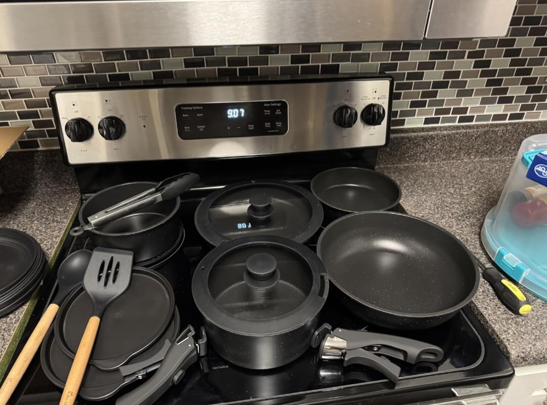 Nonstick Pots and Pans Set - 20 Pack KIKCOIN Stackable Cookware Set with Detachable Handle, RV Kitchen Cooking Set with Removable Handles - Oven Safe, Induction Ready (Black) customer photo 1
