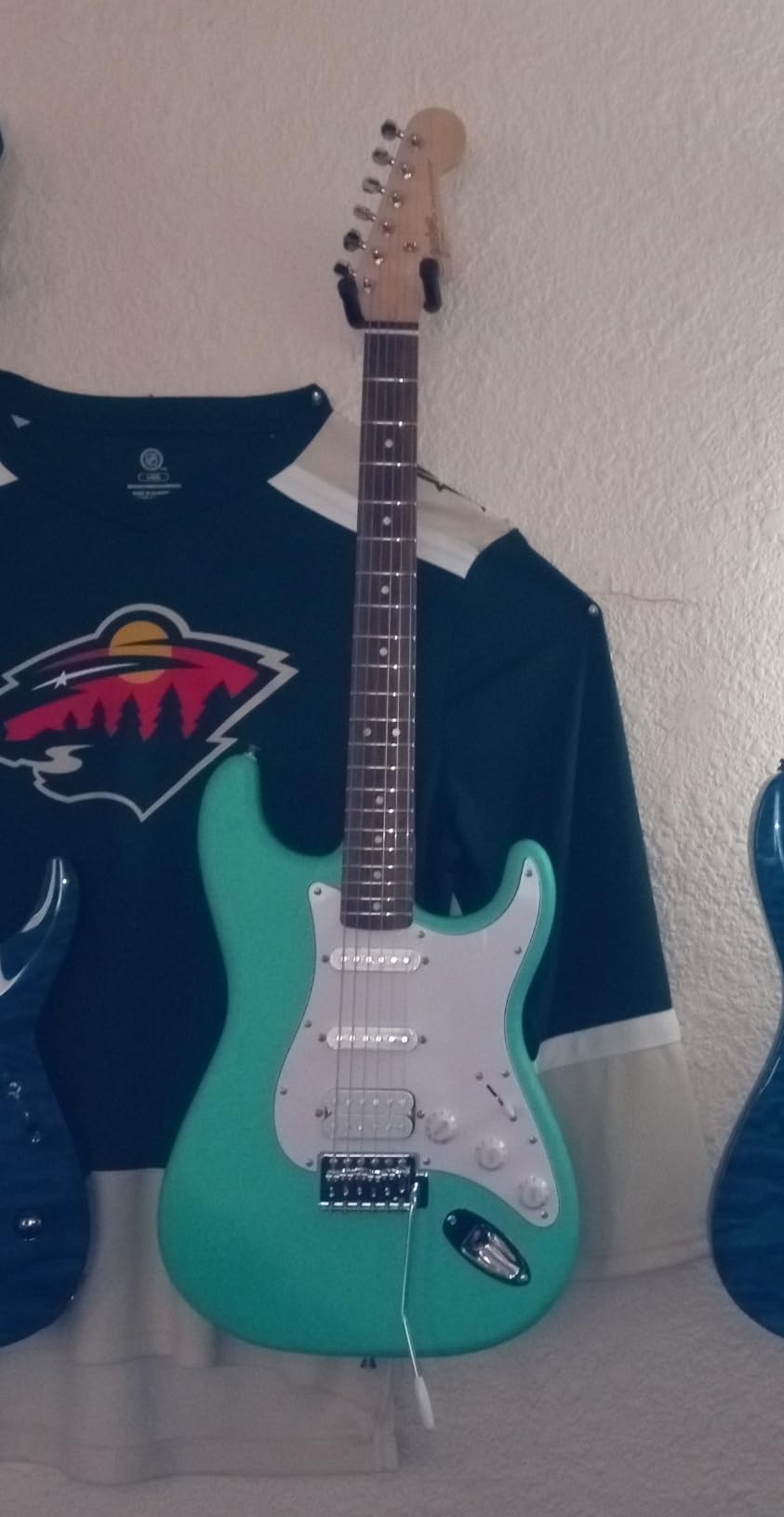 Fender Squier Debut Stratocaster HSS Beginner Electric Guitar, Sea Foam | Starter electric guitar, HSS pickups, satin urethane finish, free lessons included, 2-year warranty, kids and adults customer photo 1
