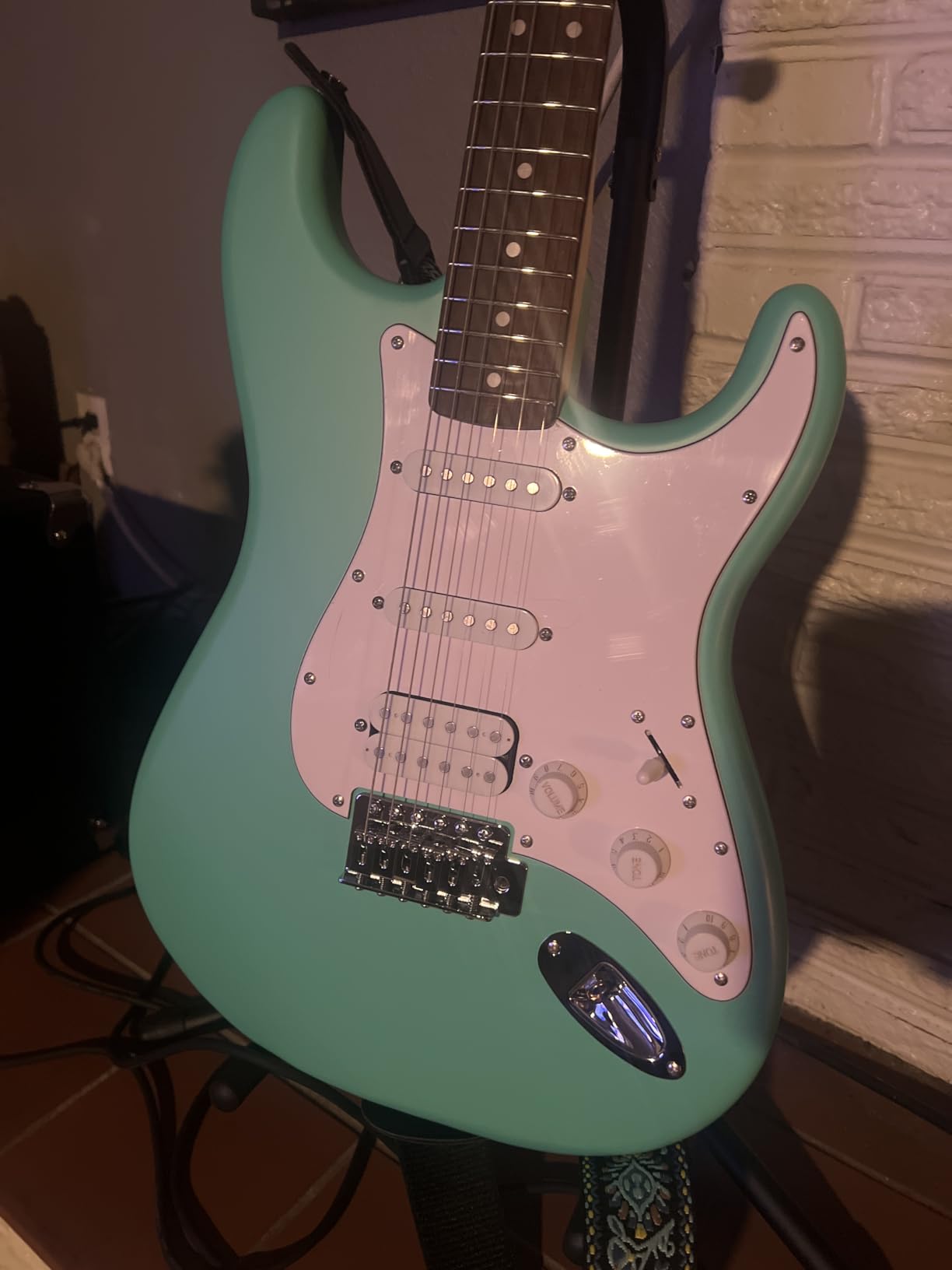Fender Squier Debut Stratocaster HSS Beginner Electric Guitar, Sea Foam | Starter electric guitar, HSS pickups, satin urethane finish, free lessons included, 2-year warranty, kids and adults customer photo 2