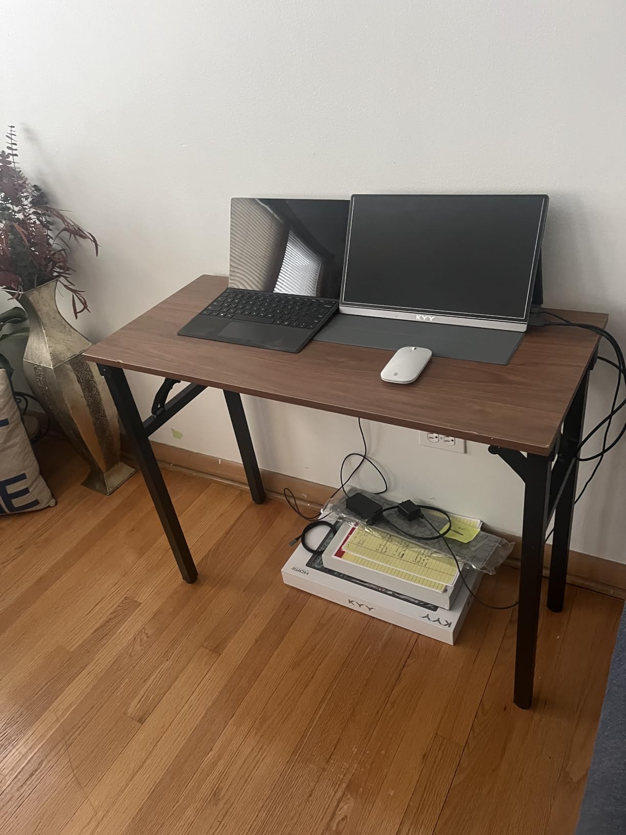 Frylr Small Folding Computer Desk – Portable 35.8 Inch Foldable Laptop Table, No-Assembly, Collapsible and Compact for Easy Storage, Lightweight for Small Spaces, Craft and Study Use, Dark Walnut customer photo 1