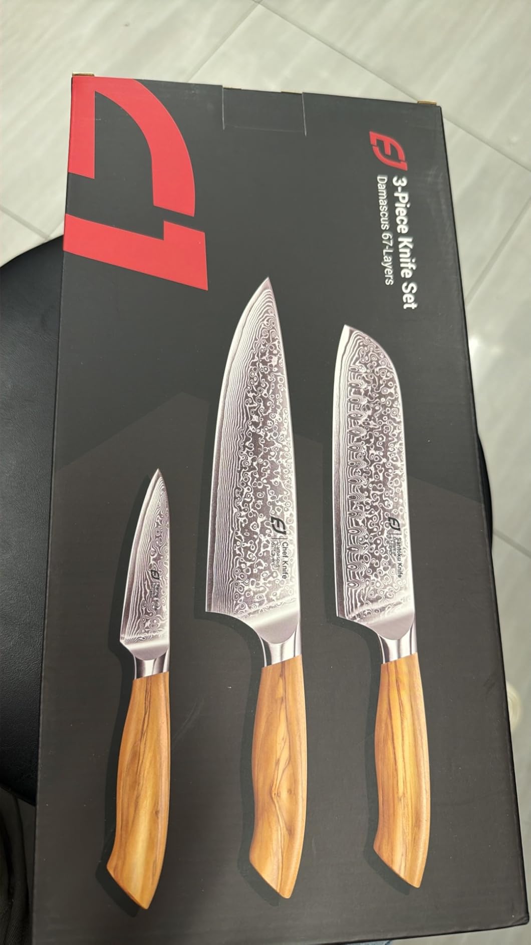 Emojoy 3-Piece Japanese Damascus Steel Knife Set, Olive Wood Handle & Box customer photo 2