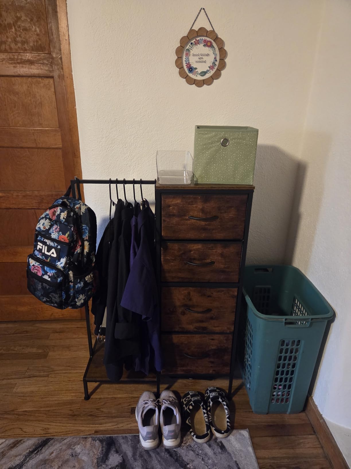 HIGDBFE Tall Dresser 44''H with Hanging Rack, 4 Drawers Small Closet Dresser for Bedroom, Reversible Fabric Chest of Drawers with Clothes Rack, Tall Storage Tower, Sturdy Frame, Rustic Brown customer photo 2