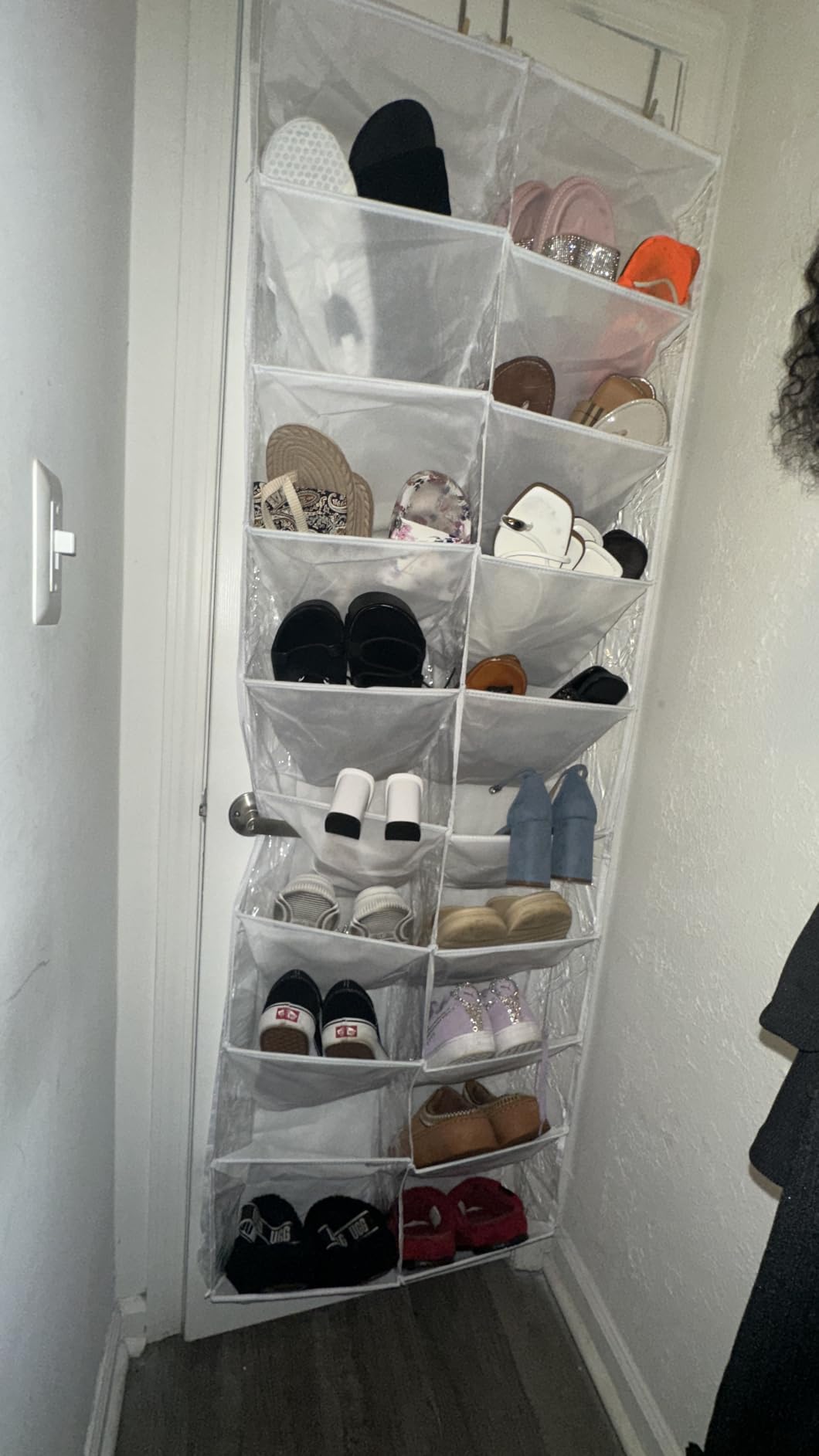 UVIAHOMI 20-30 Pairs Over the Door Shoe Organizer, Clear Pockets Hanging Shoe Storage for Closet, 10-Tier Door Shoes Rack, Handing Shoes Holder Fit All the Family's Sneakers, Boots, Heels, Black customer photo 2