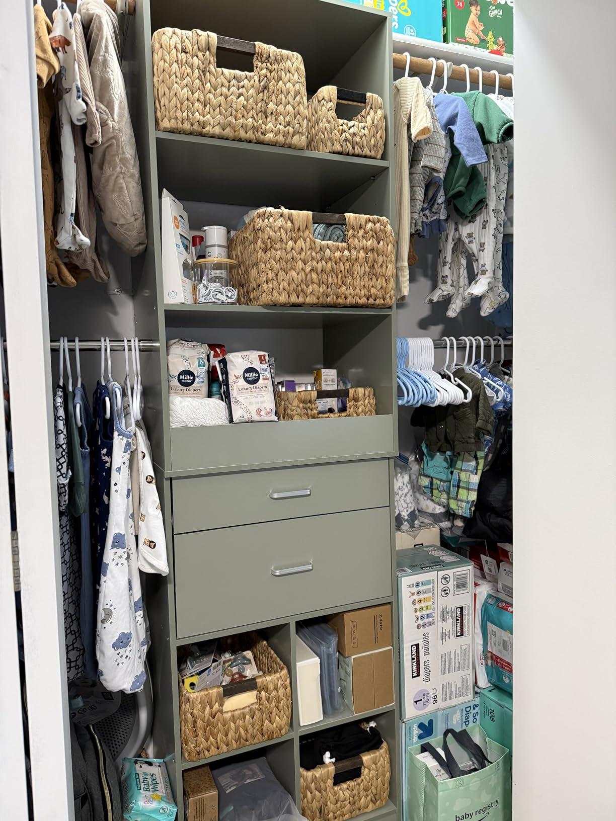 Besiost Closet System, 4-8 FT Closet Organizer Tower with 2 Wooden Drawers and Shelves, Can Fit 60 to 96 inch Walk-in Closet System with 5 Hanging Rods, Built-in, White customer photo 2