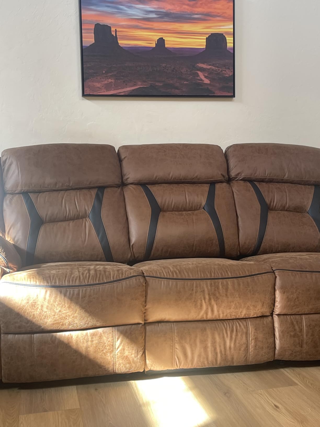 EBELLO Faux Leather Reclining Sectional Sofa Set for Living Room, 1 Recliner Chair and L-Shaped Reclining Couches Home Furniture Set with Center Console, Hidden Cup Holders and Storage, Brown customer photo 2