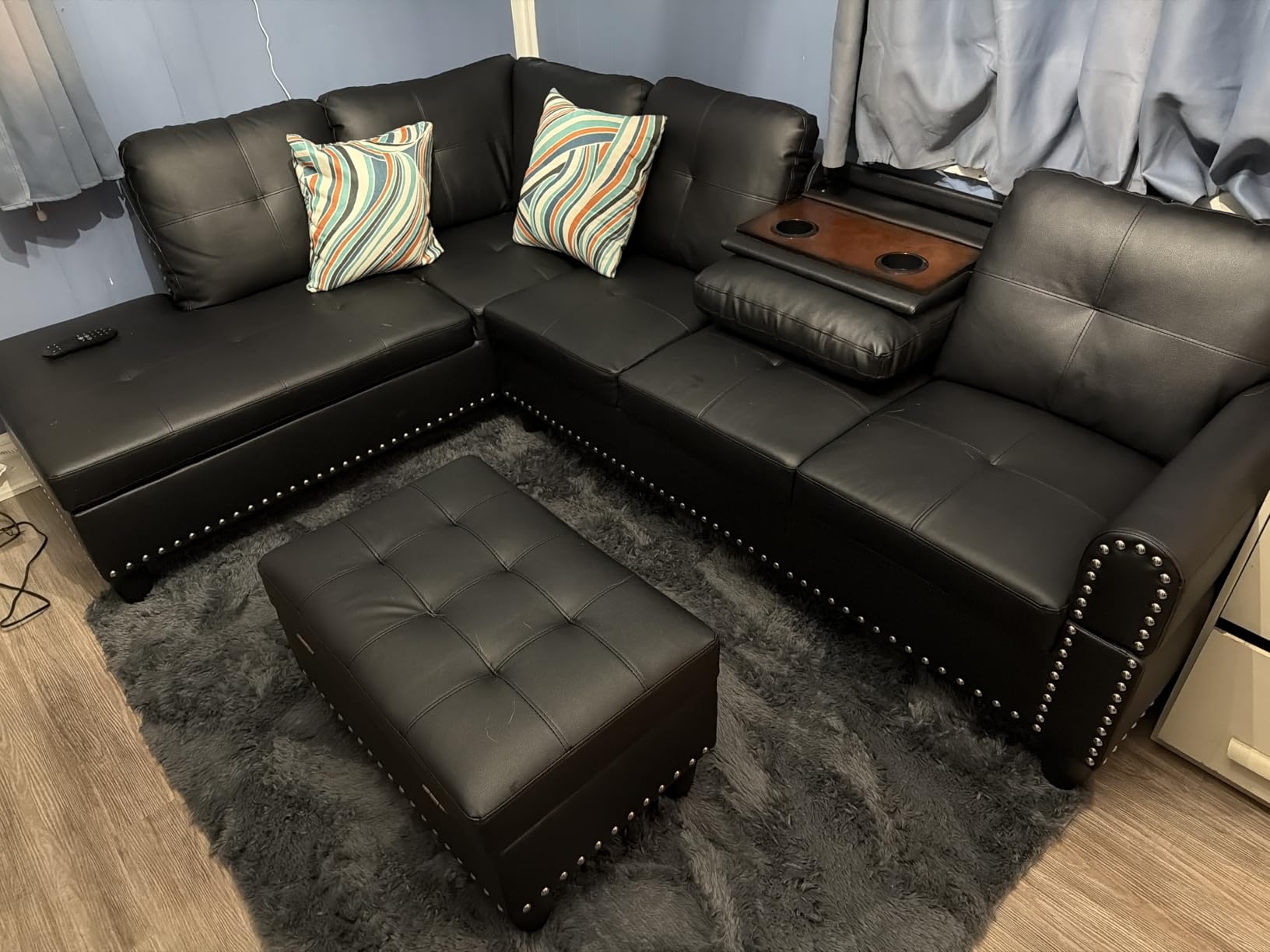 Leather 3-Piece L-Shaped Couches for Living Room, Sectional Sofa with Storage Ottoman & Movable Chaise, Modular Convertible Couch for Bedroom & Apartment, Midnight Black customer photo 2