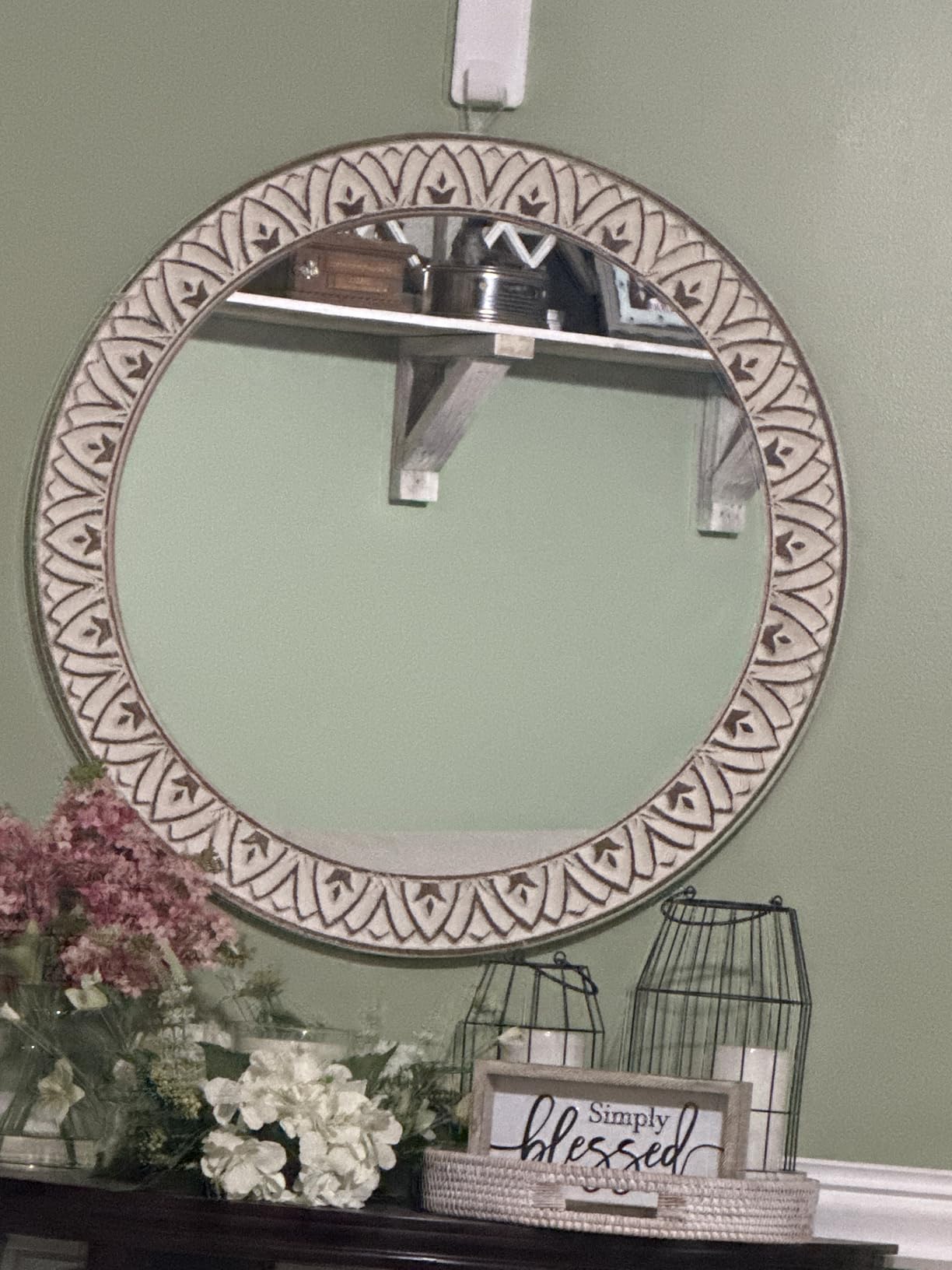 12in Round Mirror Farmhouse Wooden Frame Circle Mirrors, Rustic Decorative Distressed Wall Mounted Mirror for Bathroom, Bedroom, Living Room, Entryway, Fireplace, Hall customer photo 2